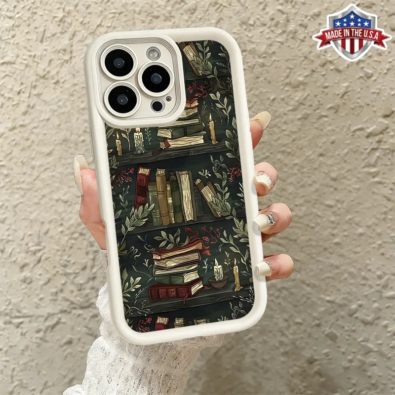 Vintage Bookshelf Floral Pattern Case for iPhone 17 16 15 14 Pro Max 13 12 11 XR XS Plus Air Slim Shockproof Anti Drop Protective Durable TPU Cover