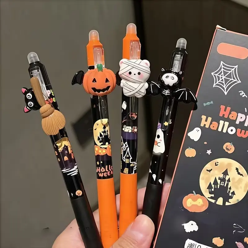 [Back-to school gift] Random 4/8pcs Set Cute Halloween 3D Pendant Heat-Erasable Pen，Healing Halloween Style Erasable Smooth Rubbing Pen Ink 3D Ghost Pumpkin Witch Pen Clip Dark Cute Halloween Design，School Supplies, Writing Stationery, Halloween Gifts