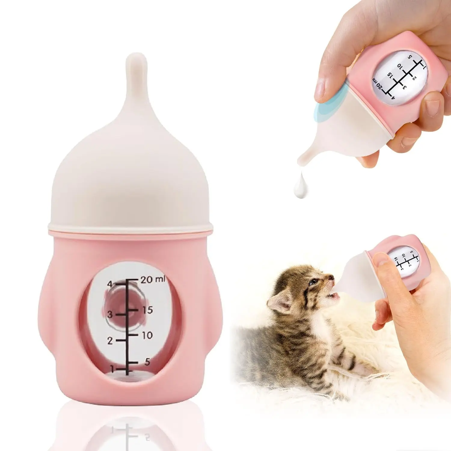 Ergonomic Pet Nursing Bottle,Puppy Bottles for Nursing Puppy Milk - 20ml Slow Flow Kitten Bottle Feeding kit for Newborn Kittens/Puppies/Small Animals, Easy-Clean Silicone Feeder (Pink)