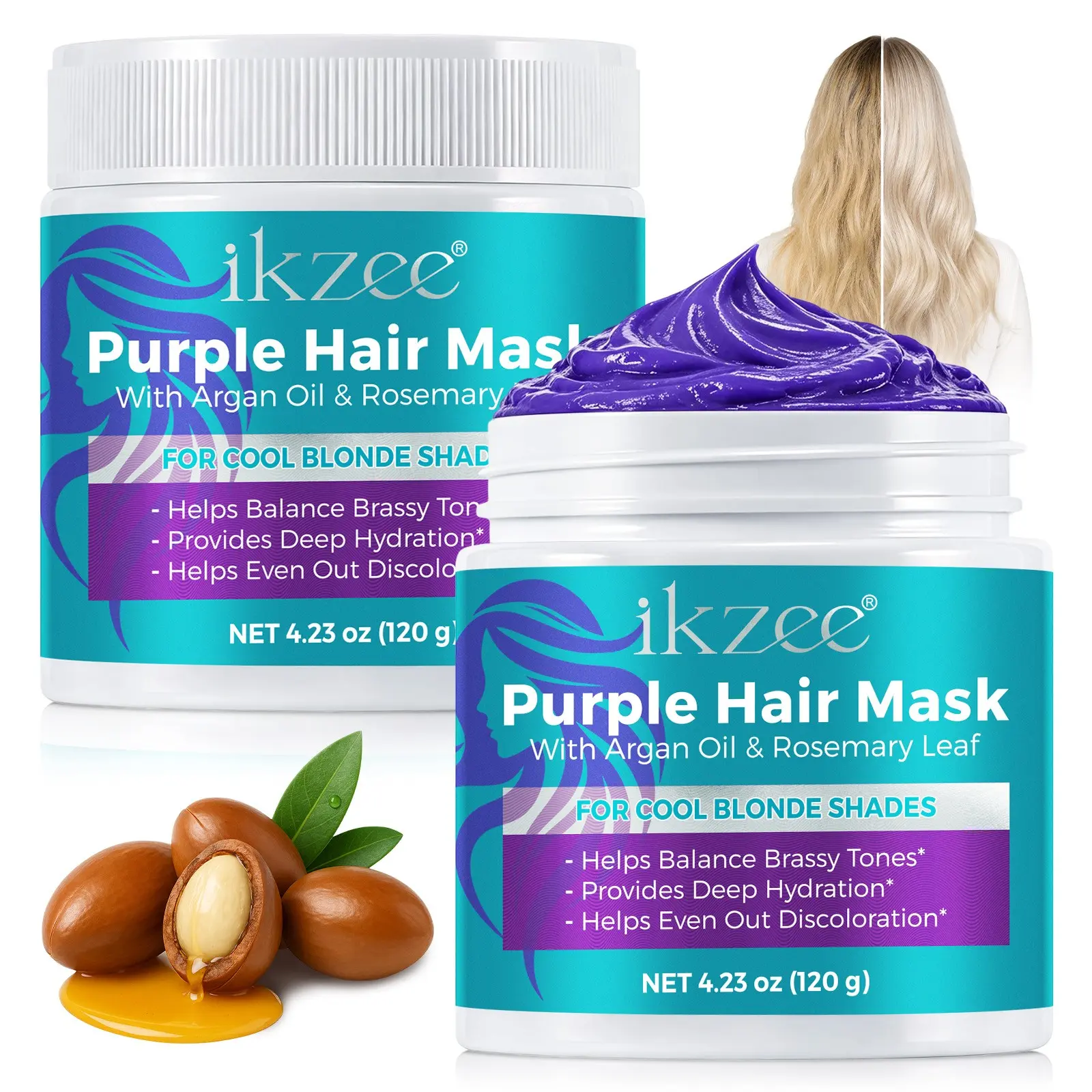 Purple Hair Mask 120g – Balances Brassy Tones in Cool Blonde Hair While Nourishing and Repairing. Argan Oil + Rosemary Leaf – Deeply Hydrates, Leaves Hair Soft, Smooth, and Radiant. Smooth Shiny Hair