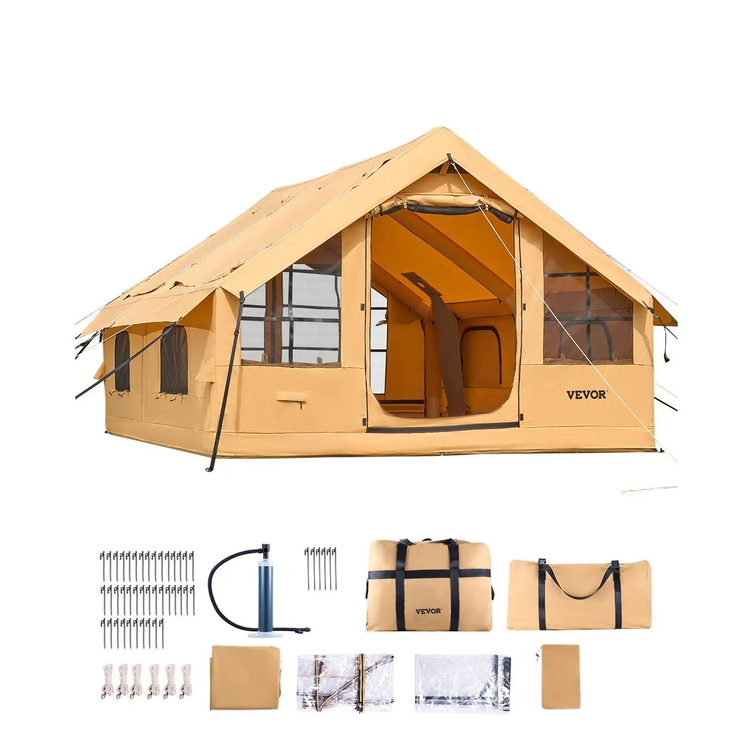 【DealsForYouDays】VEVOR Inflatable Tents for Camping, 5-8 Person Easy Setup Blow up Tent with Hand Pump, Luxury Glamping Tent with 2 Skylights, Canopy, Stove Jack 2 Doors Mesh Windows (Storage Bag Included)