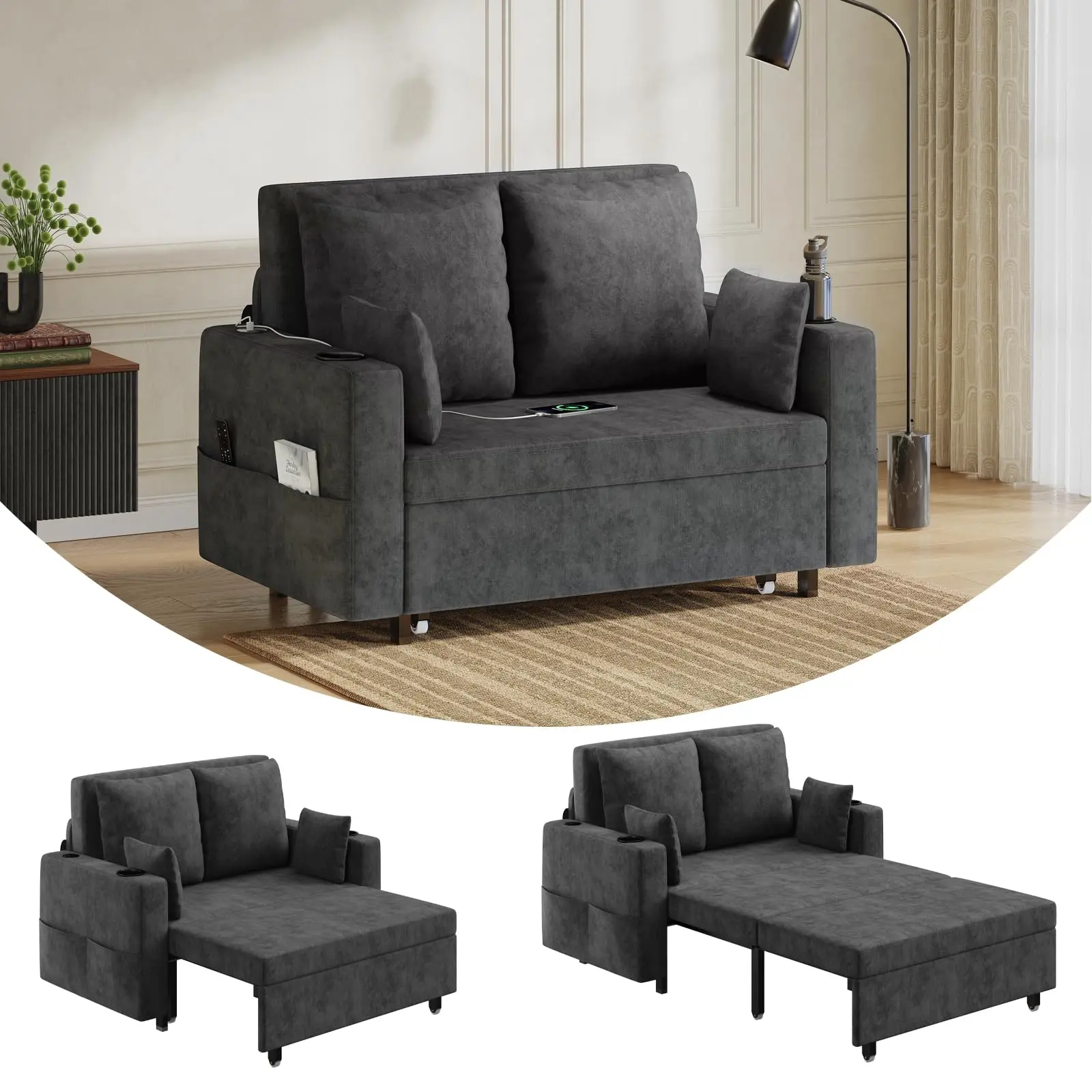 56” Full Size 3-in-1 Pull-Out Sleeper Loveseat Sofa Bed, Convertible Couch Equipped with Cup Holders & USB Charging, Modern Multifunctional Living Room Furniture, Supports up to 1000lbs