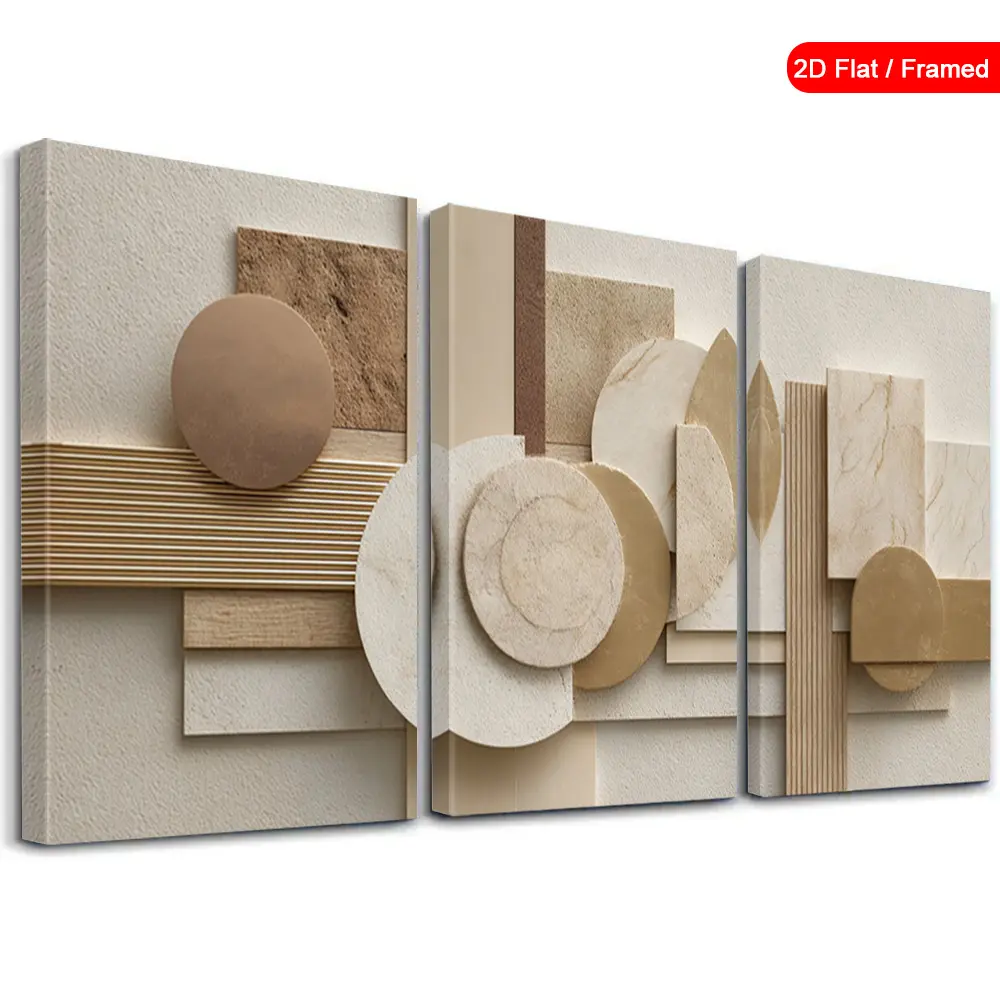 3-Piece Framed Abstract Geometric Canvas Prints - 2D Flat Neutral-Tone Home Supplies, Modern Vintage Decor for Thanksgiving, Independence Day Indoor Interiors & Kid Room