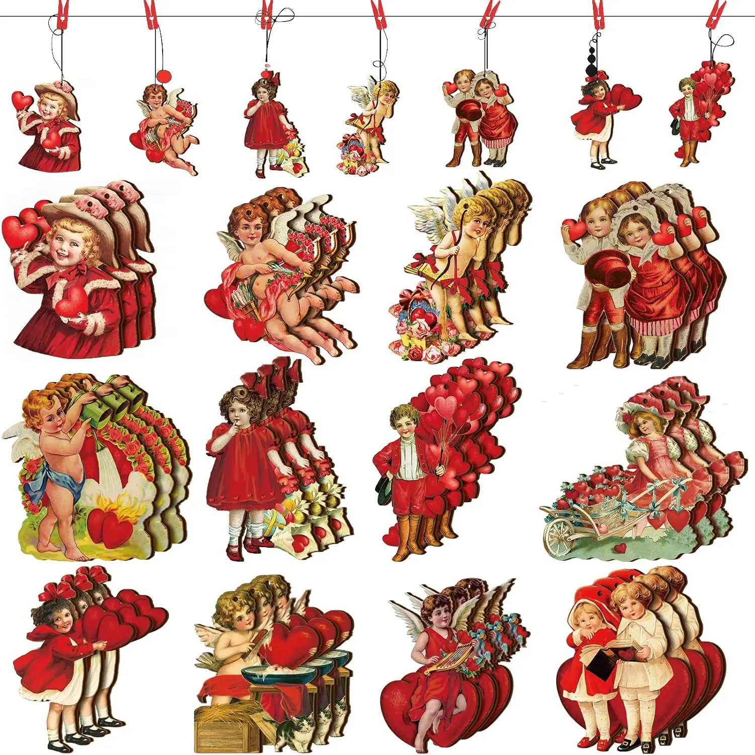 48 count  Red Valentine Ornaments for Tree Wooden Valentine Tree Decorations Retro Balloon Heart Flower  Decorative Ornaments for Valentines Party Indoor Outdoor  Decor