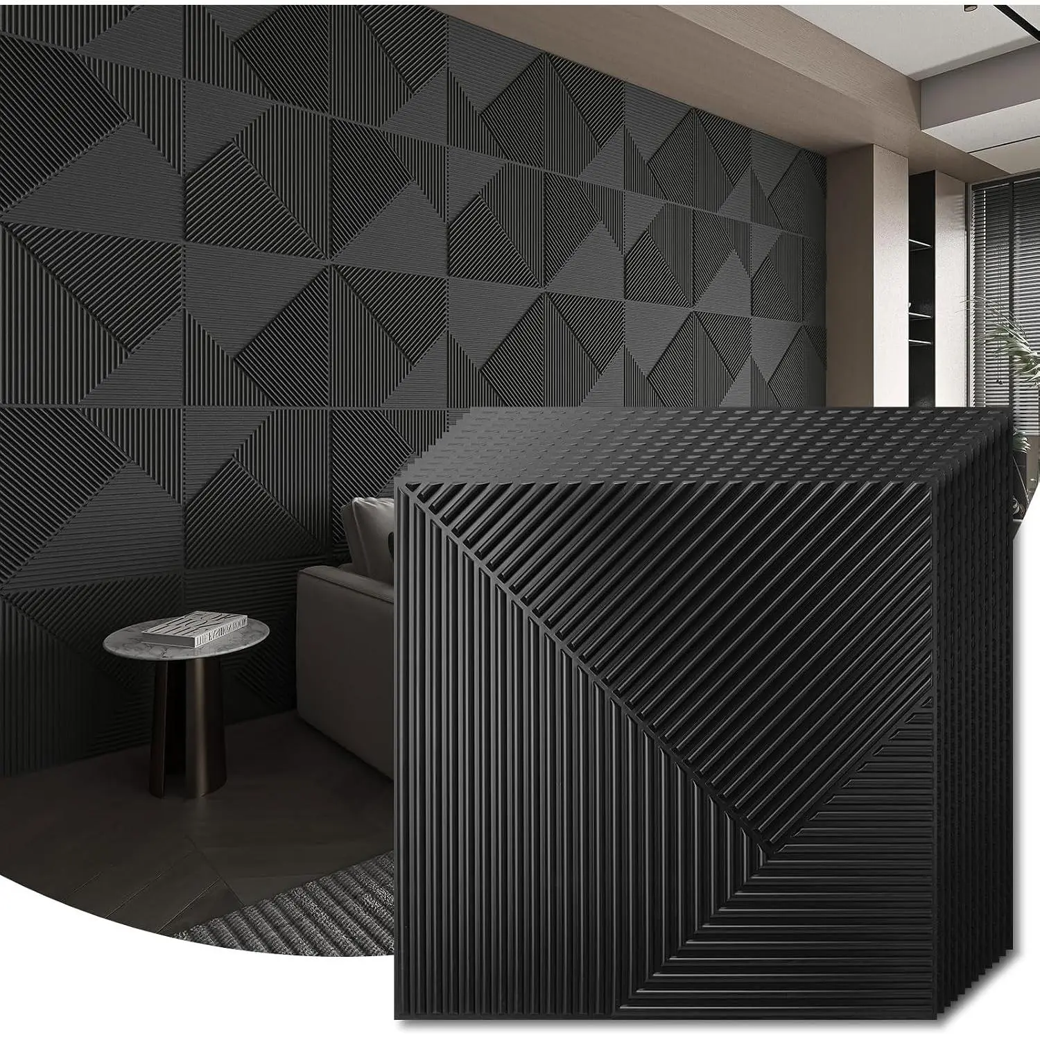 12-Pack  Wall Panels 19.7" x 19.7", Black Slat Wall Panels for Living Room Wall Decor, Modern Black Wall Covering for  & Office