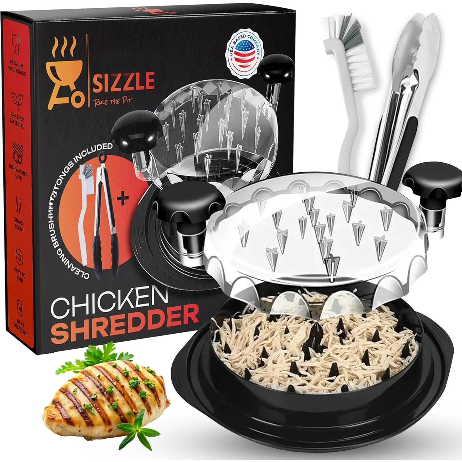 Professional Chicken Shredder for Large Chicken Breasts - Kitchen Utensil with Spiked Interior, Anti-Slip Base, Cleaning Brush, Tongs, Handles, Dishwasher Safe