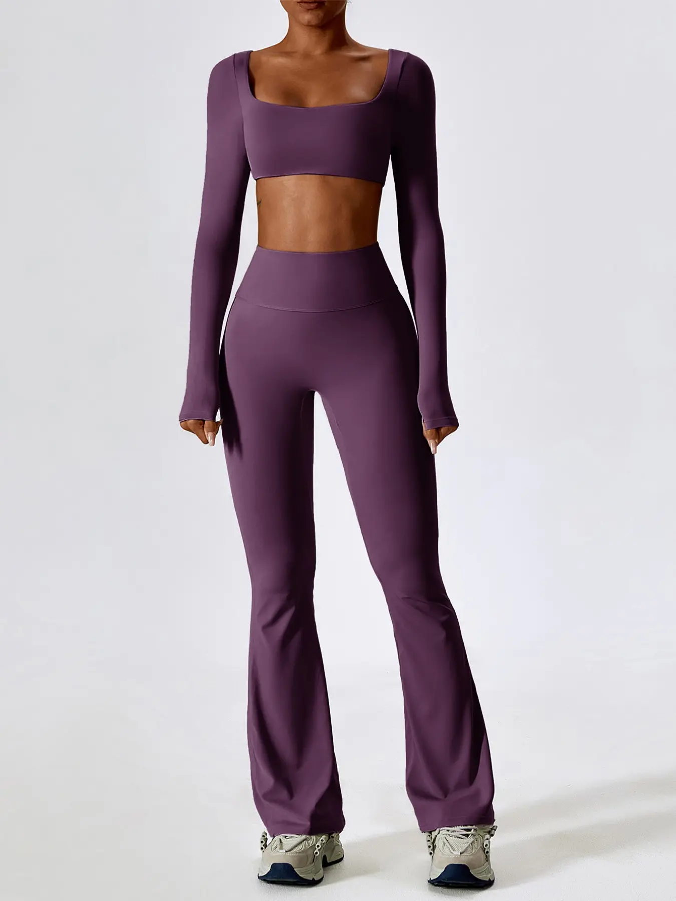 Long Sleeve Top with Bra Padding, High Waist Butt Lifting Yoga Pants Set, Casual Suit for All Seasons, Plain Surface, Below the Knee