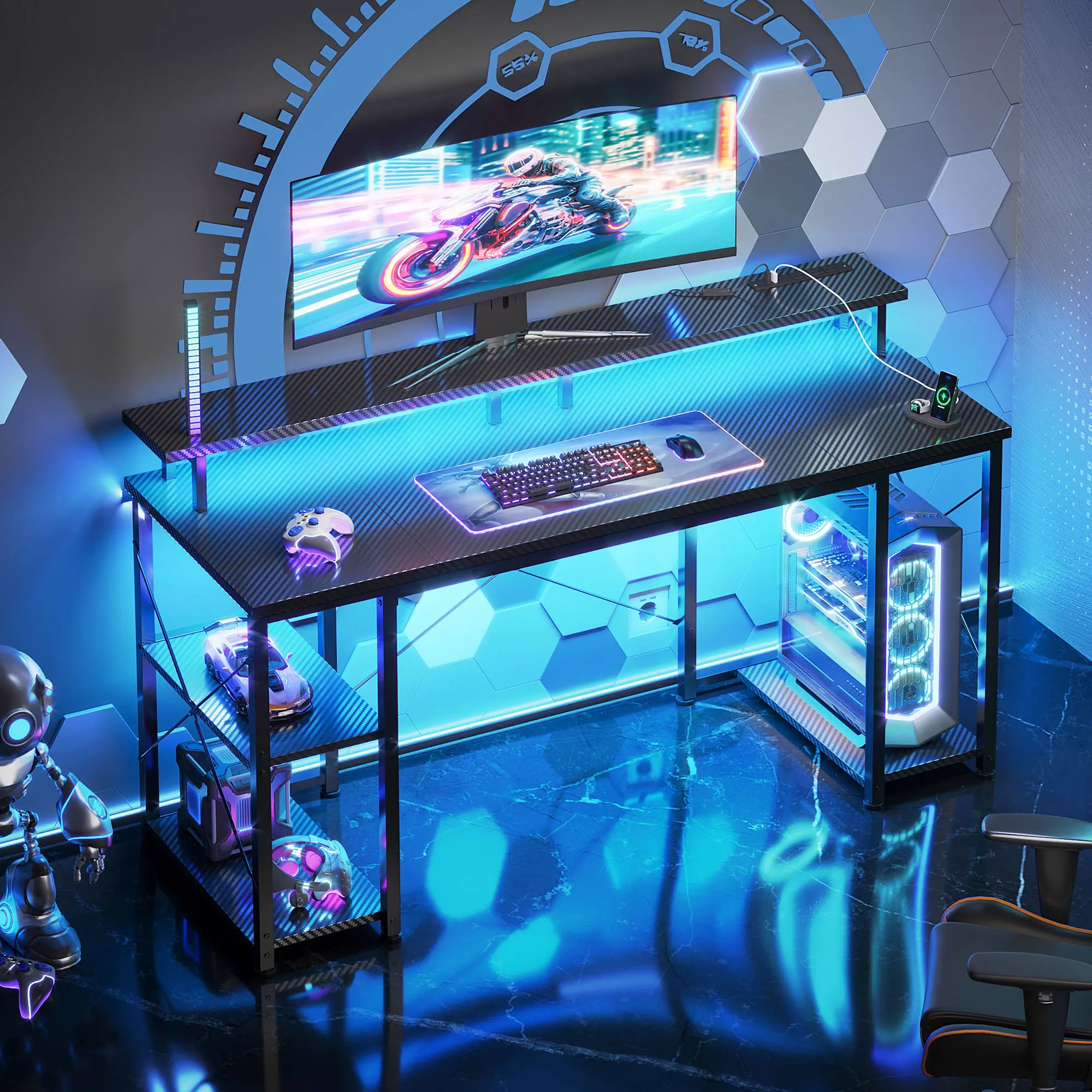 AODK Gaming Desk with LED Lights & Storage Shelves, Raised Monitor Stand with CPU Stand for Organized Gaming Setup, Home Office & Gaming deskmakeover