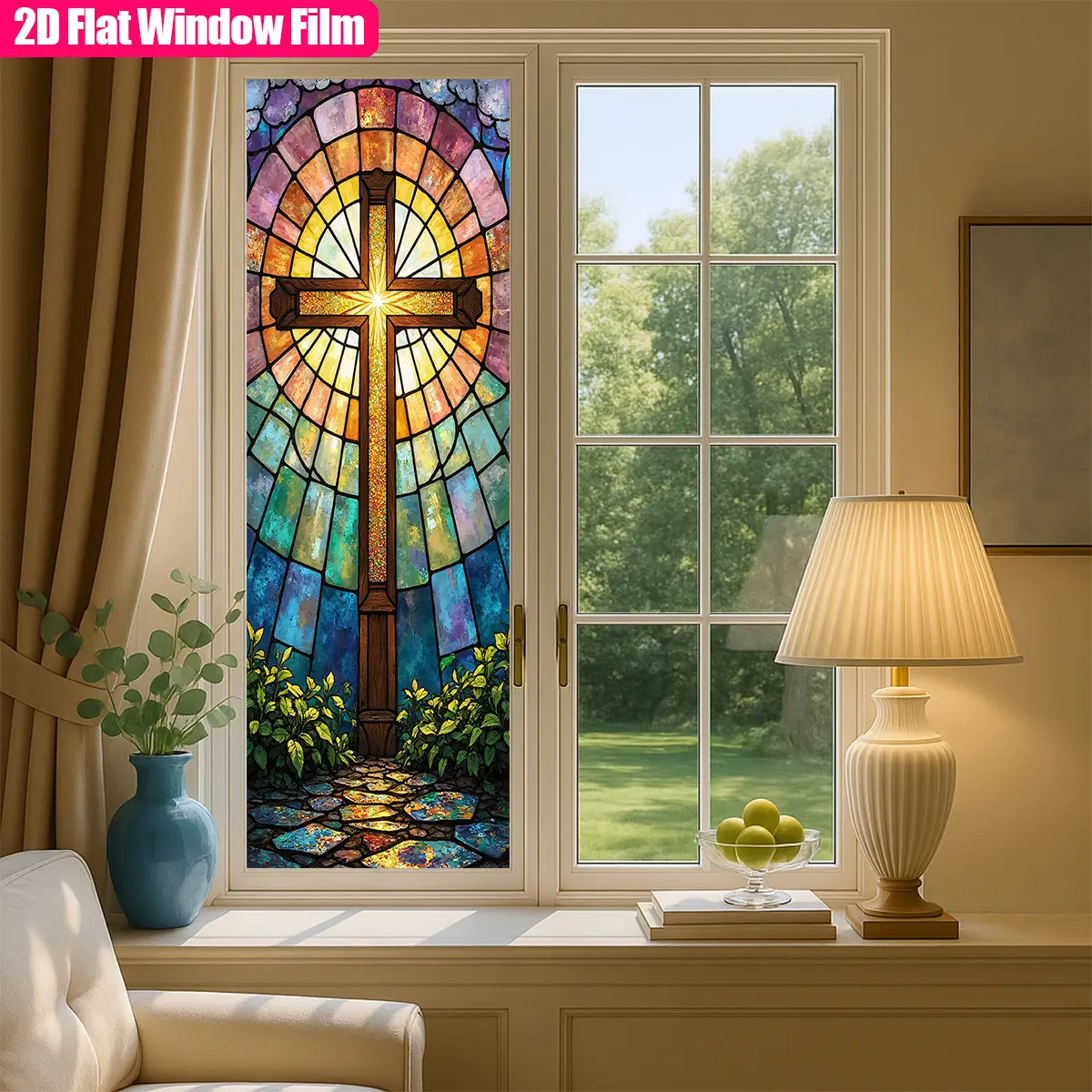 1 frosted colored glass window sticker with a cross and garden design - perfect for home, church, and office decor - suitable for bathrooms, kitchens, and more - office window decoration | Vibrant window design | PVC window sticker, window decor