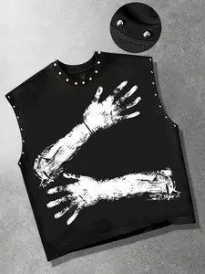Bad gay figure printed loose vest, Unisex, metal foil short vest, woolen hat printed vest, sleeveless T-shirt vest, summer clothes, European and American street fashion brand vest, men's Y2K summer 2026 hot item