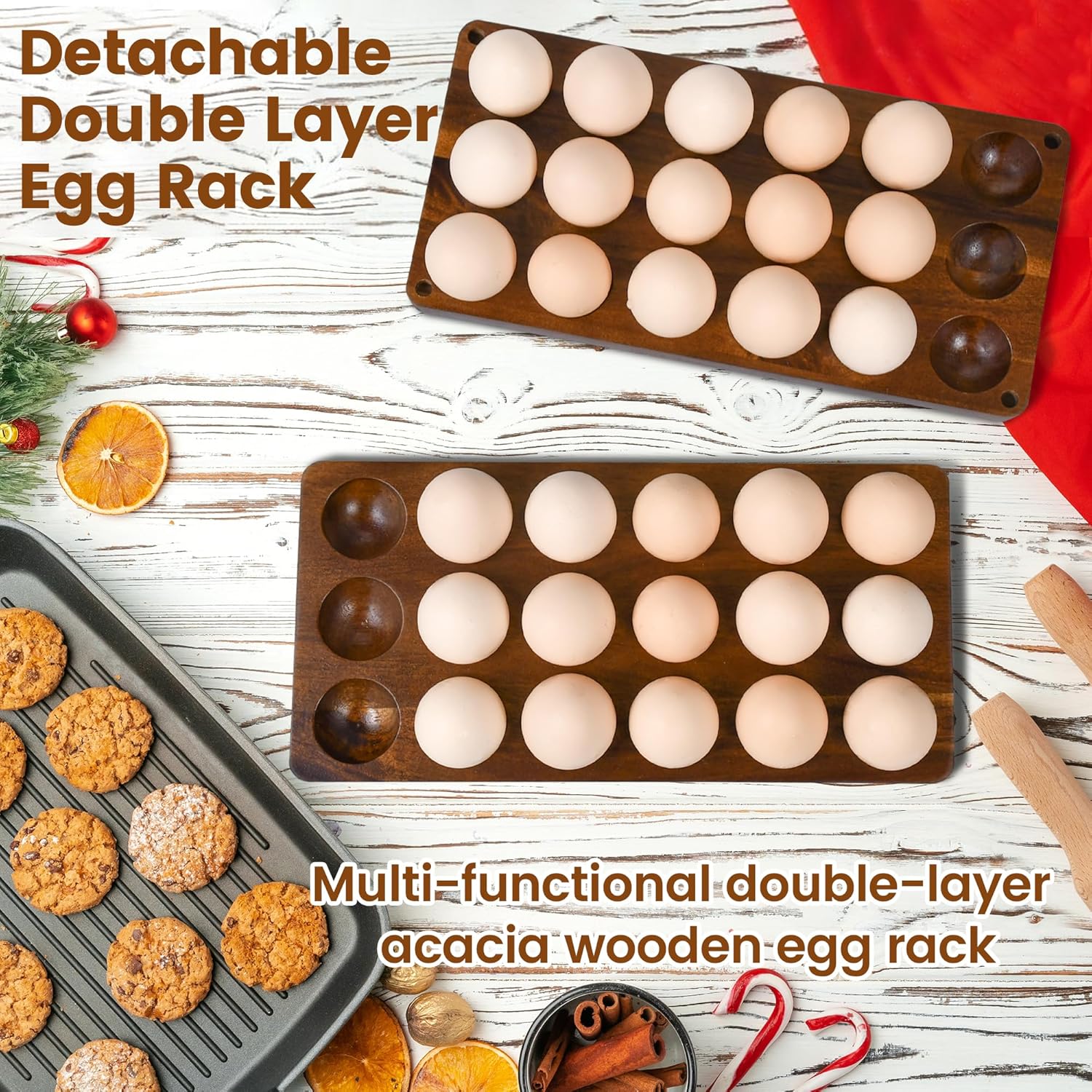 Wooden Double Layer Egg Holder - Farmhouse Kitchen Acacia Egg Tray Organizer - 2 Tier Fresh Egg Storage Rack Basket for Countertop, 36 Capacity