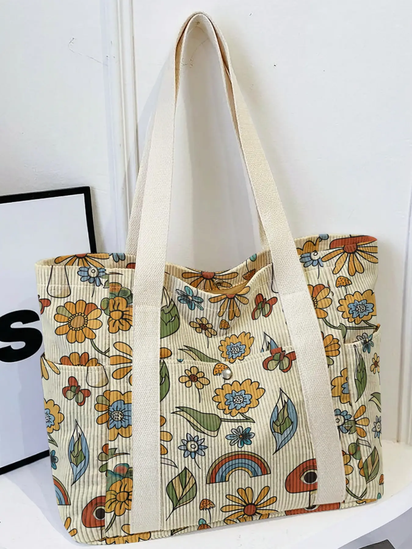 Women's tote bag, Vintage hippie style one-eyed mushroom rainbow flower pattern 2D print, Multi-pocket travel tote with wide strap, fit for daily, school and shopping.