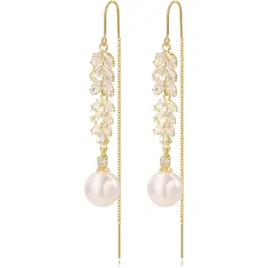 Pearl Chain Threader Dangle Earrings for Women, Long Tassel Pearl Dangle Drop Jewelry Earrings For Women Wedding Party Prom
