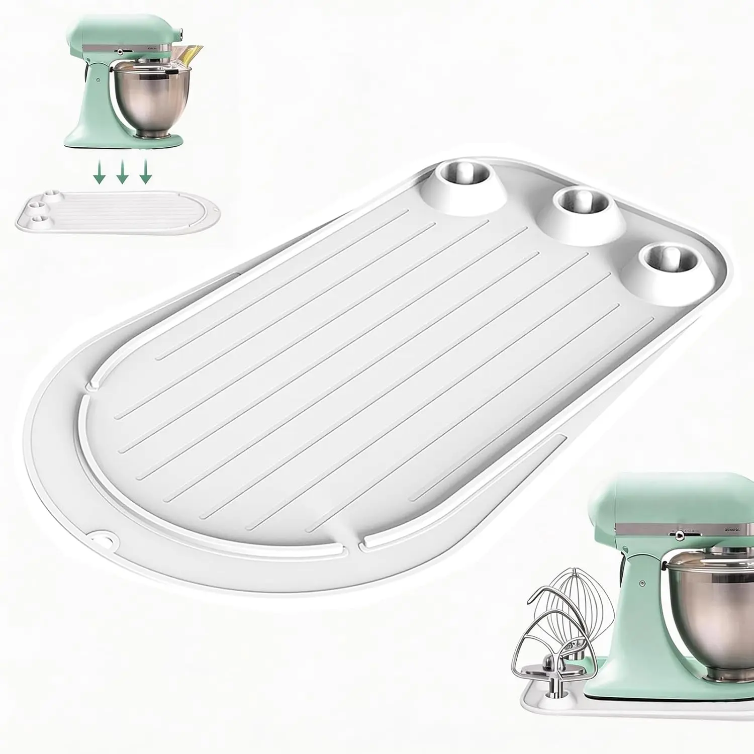 Mixer Sliding Mat for  Stand Mixer with 3 Attachment Storage Slots, Mixer Mover Slider Mat, Roll Up Non-Slip Countertop Protector for 4.5-5 Quart Tilt- Mixers (White)