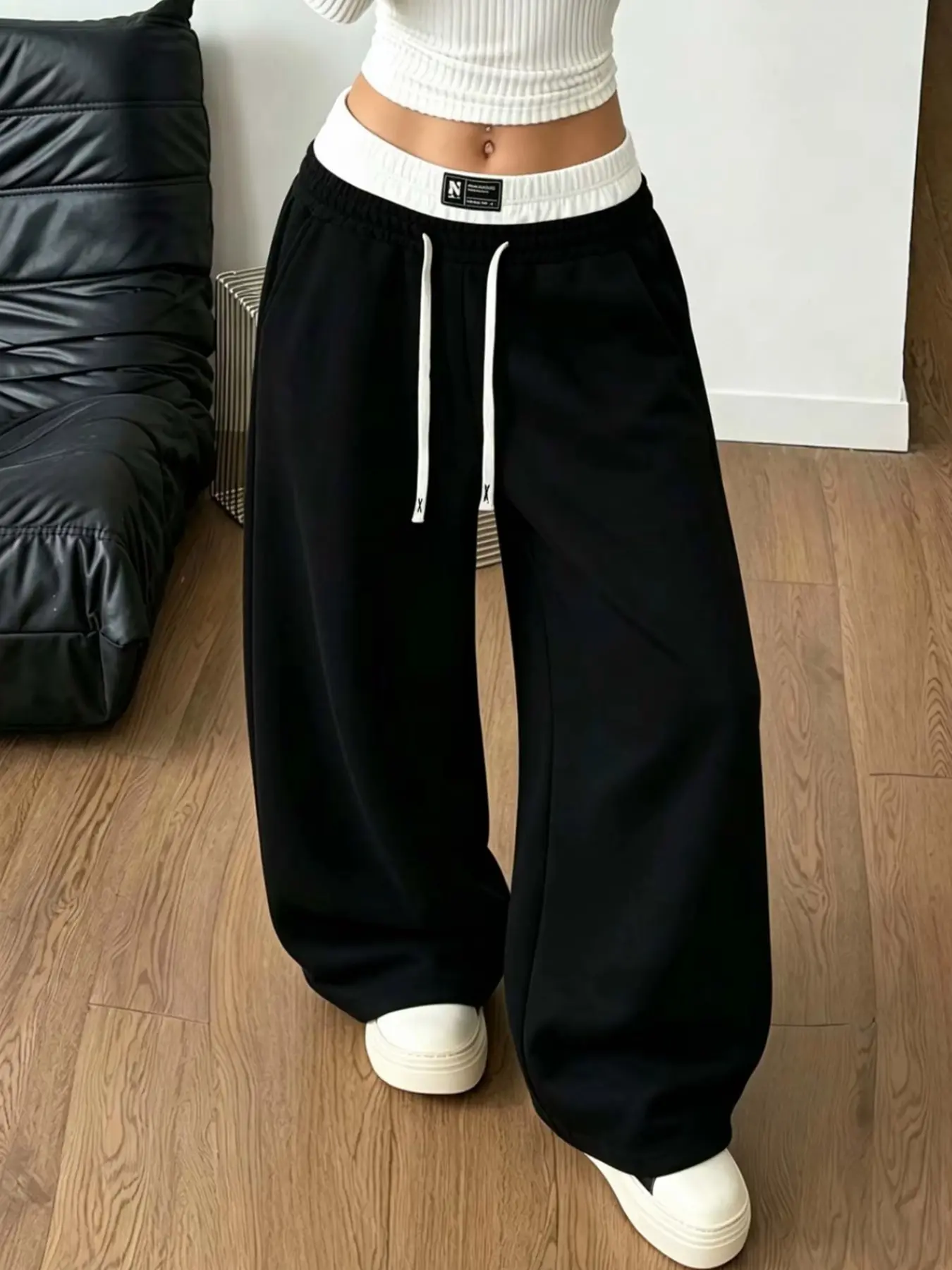 American Retro Fake Two-Piece Wide Leg Sport Pants, Knit Fabric, Colorblock Waistband, Adjustable Drawstring, Y2K Style, Casual Fall Winter, Drawstring Sweatpants