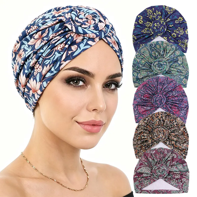 Viral Floral Print Top Knot Turban Beanie Cap Soft Stretch Rose Donut Knot Headwrap Full Hair Coverage Women Church Evening Daily Wear