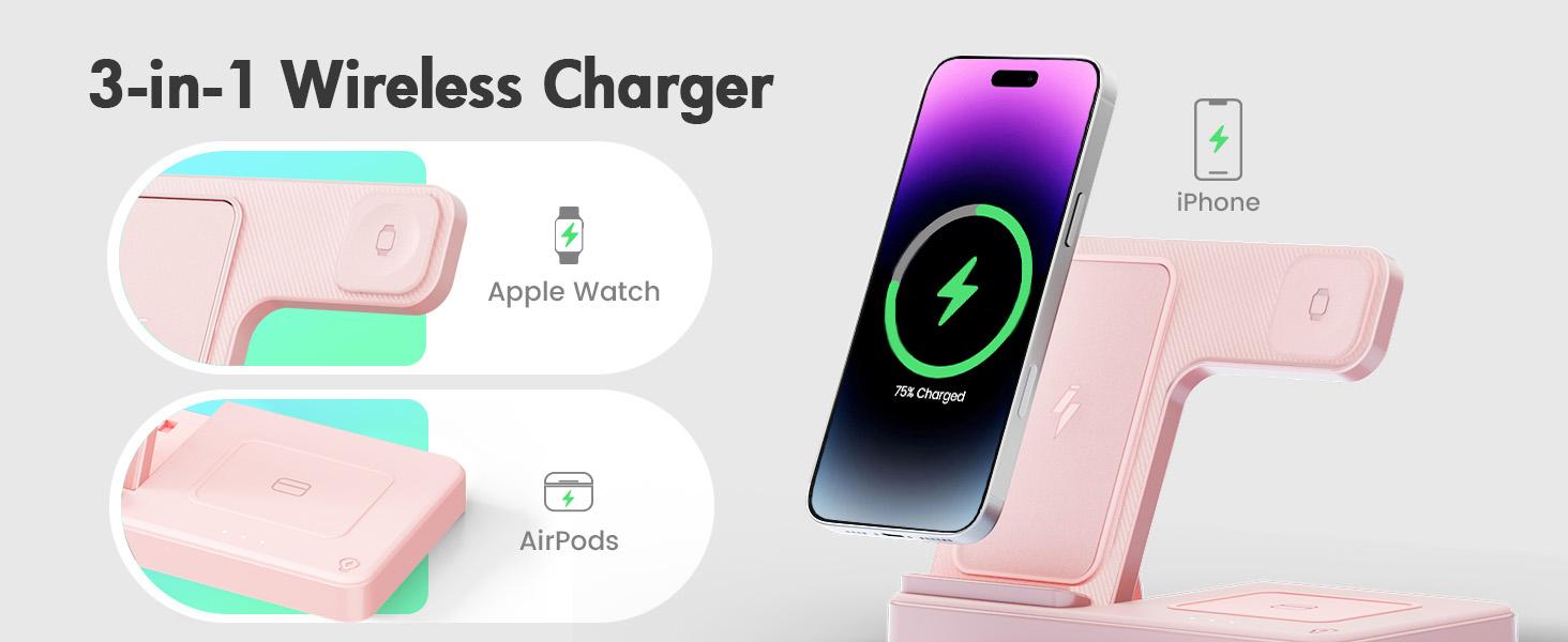 Wireless Charger Stand Station: 3 in 1 Charger Stand Multiple Devices for - iPhone 17 16e 16 15 14 Pro Max 13 12 - Watch 11 10 9