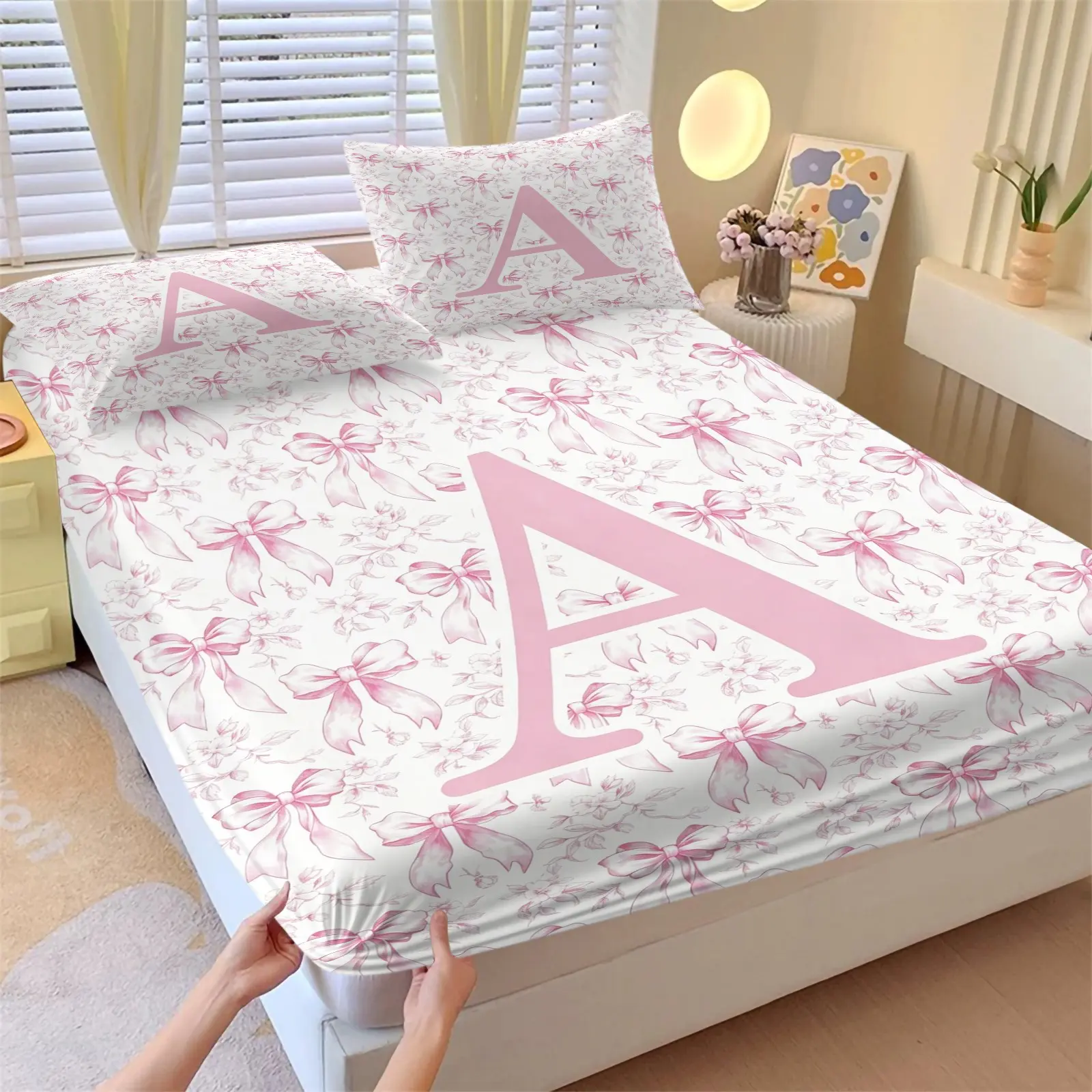 3-Piece Pastel Pink Flower Bow Initial A Fitted Sheet Set, Includes 2 Pillowcases, Soft Comfortable Durable Deep Pocket Design, Sweet Coquette Style Bedding Decor, Essential for Teenage Girls Bedroom