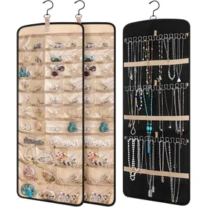 2 Pack Double Sided Hanging Jewelry Organizer with 39 Pockets 30 Necklace Hooks Wall Mount Earring Bracelet Holder for Closet Door Black
