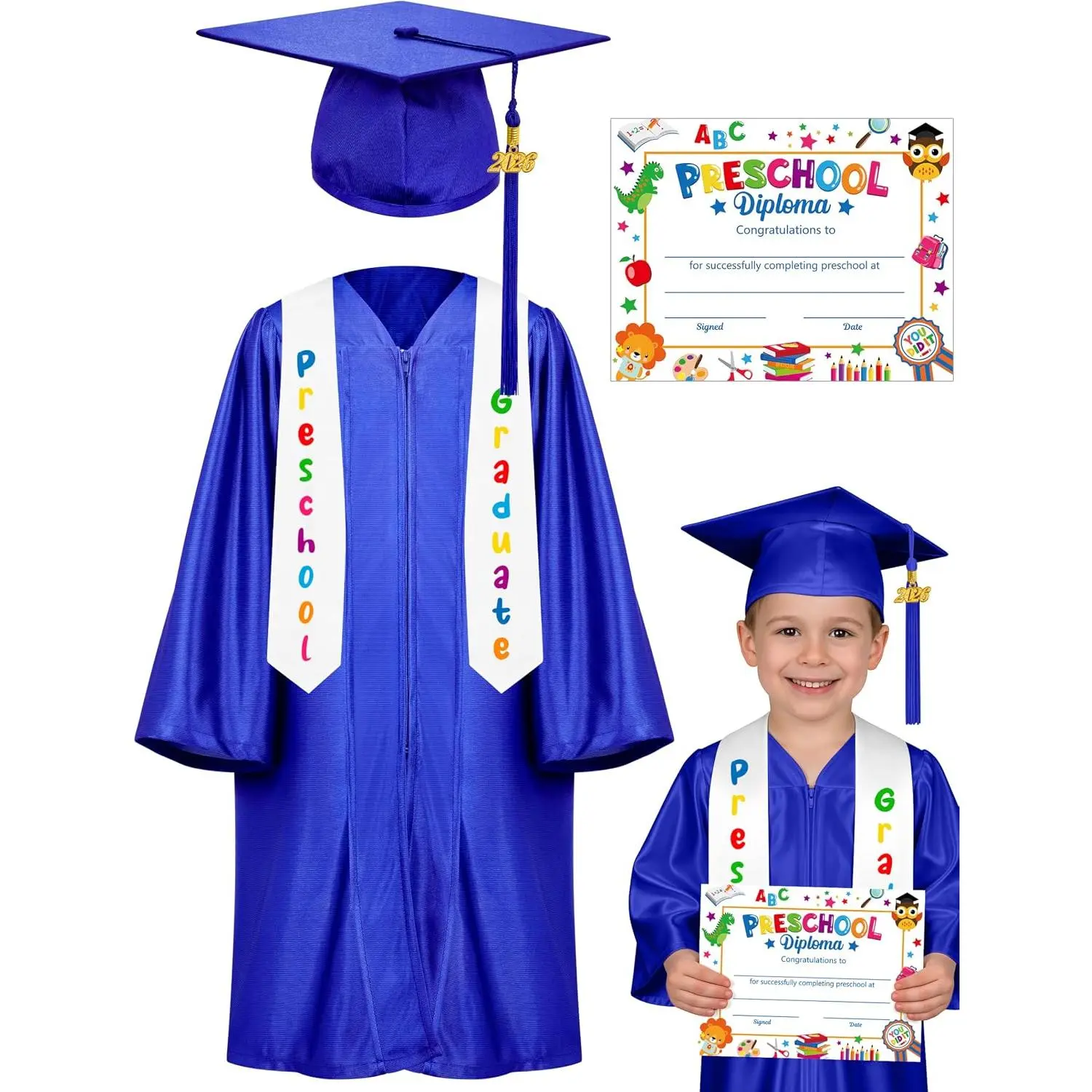 QZYL Preschool Graduation Cap and Gown Set, Unisex Kindergarten Graduation Outfit with Stole 2026 Tassel and Certificate