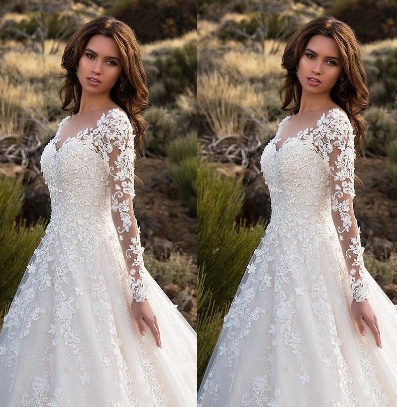 2026 New Style Women's Long-Sleeve Solid Color Sheer Lace Wedding Dress Bridal Gown