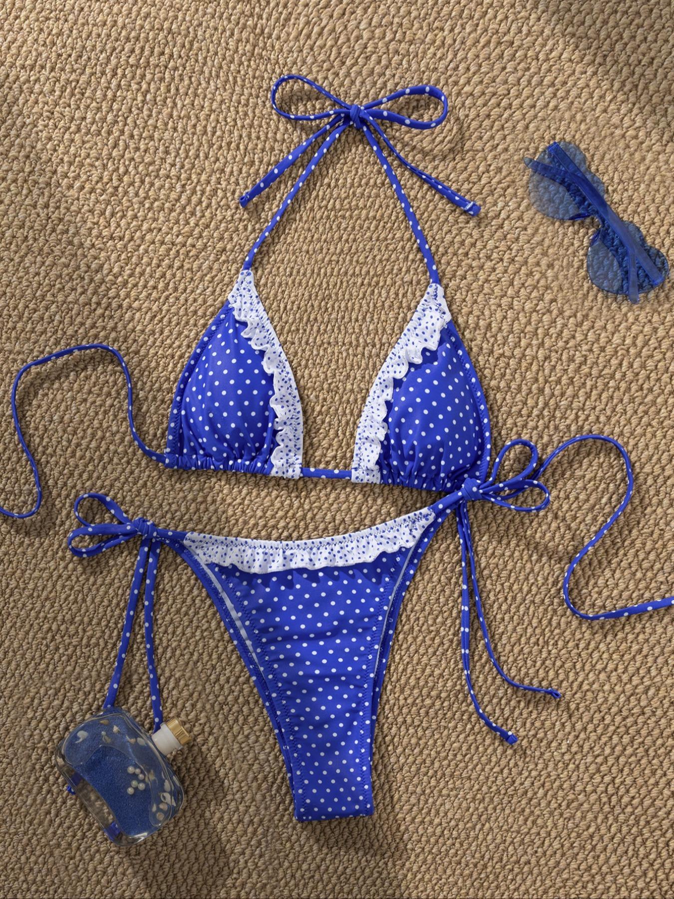 Two-piece Set Women's Polka Dot Print Bikini Set, Casual Fashion Chic Tie Back Swim Bra & Tie Side Swim Panty, Ladies Swimsuit for Beach Holiday Vacation, Colorblock Bikini Set, Summer Swimsuit Set, Swimsuit Style Bikini