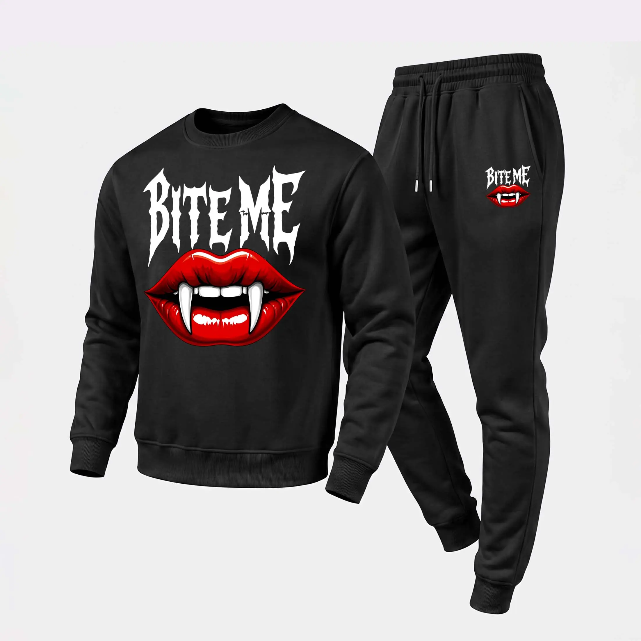 Men's Halloween Red Vampire Lips And Fangs Graphic Crewneck Sweatshirt and Jogger Pants Set, Casual Long Sleeve Pullover with Drawstring Sweatpants, Fall Winter Tracksuit for Daily Wear, Travel, Lounge, Workout and Indoor Outdoor Activities
