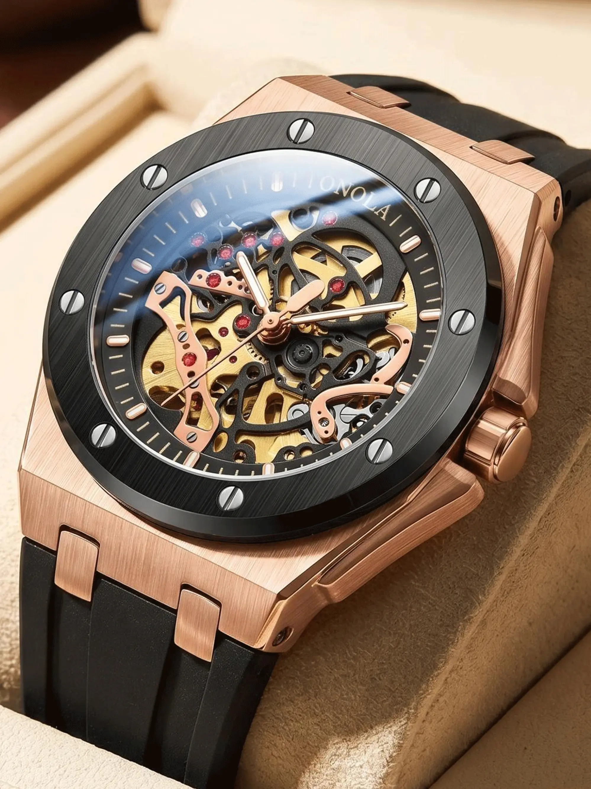 ONOLA Men's Skeleton Automatic Watch Mechanical Wristwatch—Luxury Sports Mechanical Watch with Hollow Dial, Silicone Strap, 30M Water Resistance, Mineral Glass, and Metal Case—Trendy Men's Everyday Watch, Casual Commute Watch, and Gift Watch for Gentleme