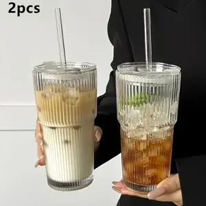 2 Sets Glass Coffee Cup with Lid and Straw, 550ML-600ML Reusable Travel Mug, Modern Home Office Beverage Cup, Durable High-Quality Glassware