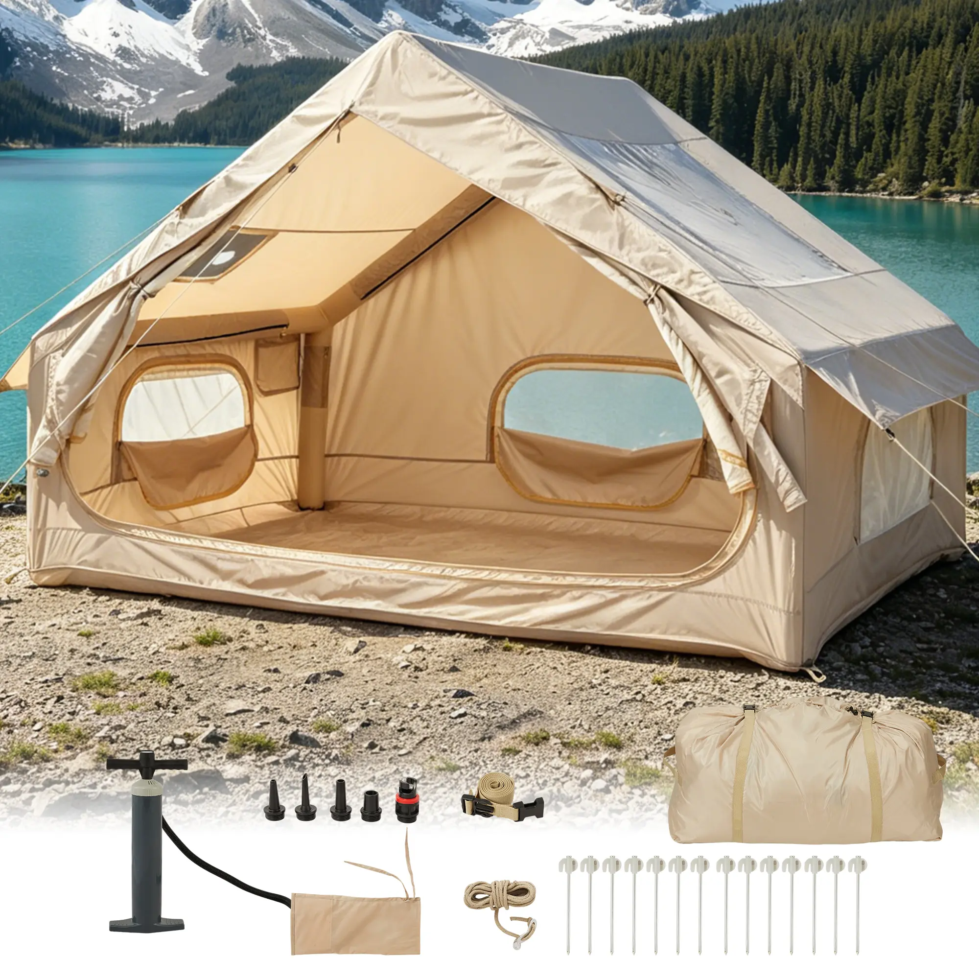 Inflatable Camping Tent for 2-4 People, Quick Setup Air Tent with Stove Jack, Waterproof 210D Oxford Glamping Tent for Winter Beach Hiking, Portable Outdoor Shelter