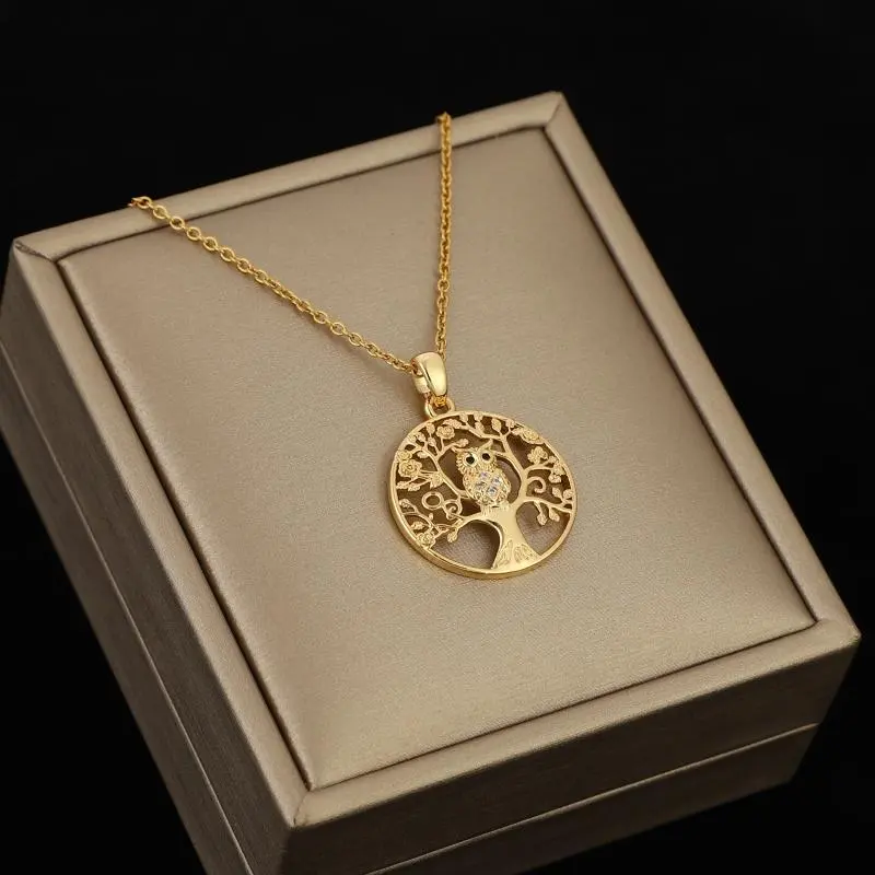 Hollow Owl Tree Pendant Necklace, Circular Statement Casting Metal Jewelry in High-Quality Golden Alloy, Unisex Anniversary Gift, Casting Metal Necklaces, Circular Statement Necklaces, High-Quality Material