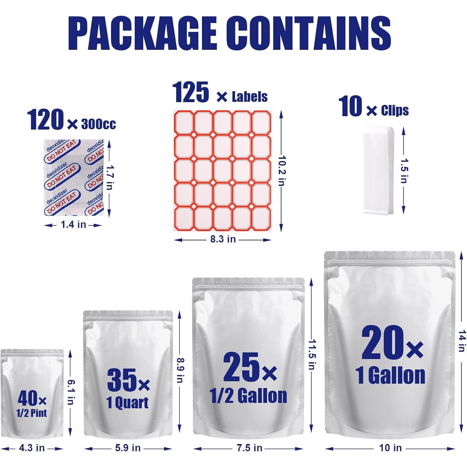 120 Mylar Bags for  Storage with  Absorbers 300cc, 8 Mil 1Gallon 10"x14", 7.5"x11.5", 6"x9", 4.3"x6.3" Stand-Up Zipper Resealable Bags & Heat Sealable  Storage Bags + Labels