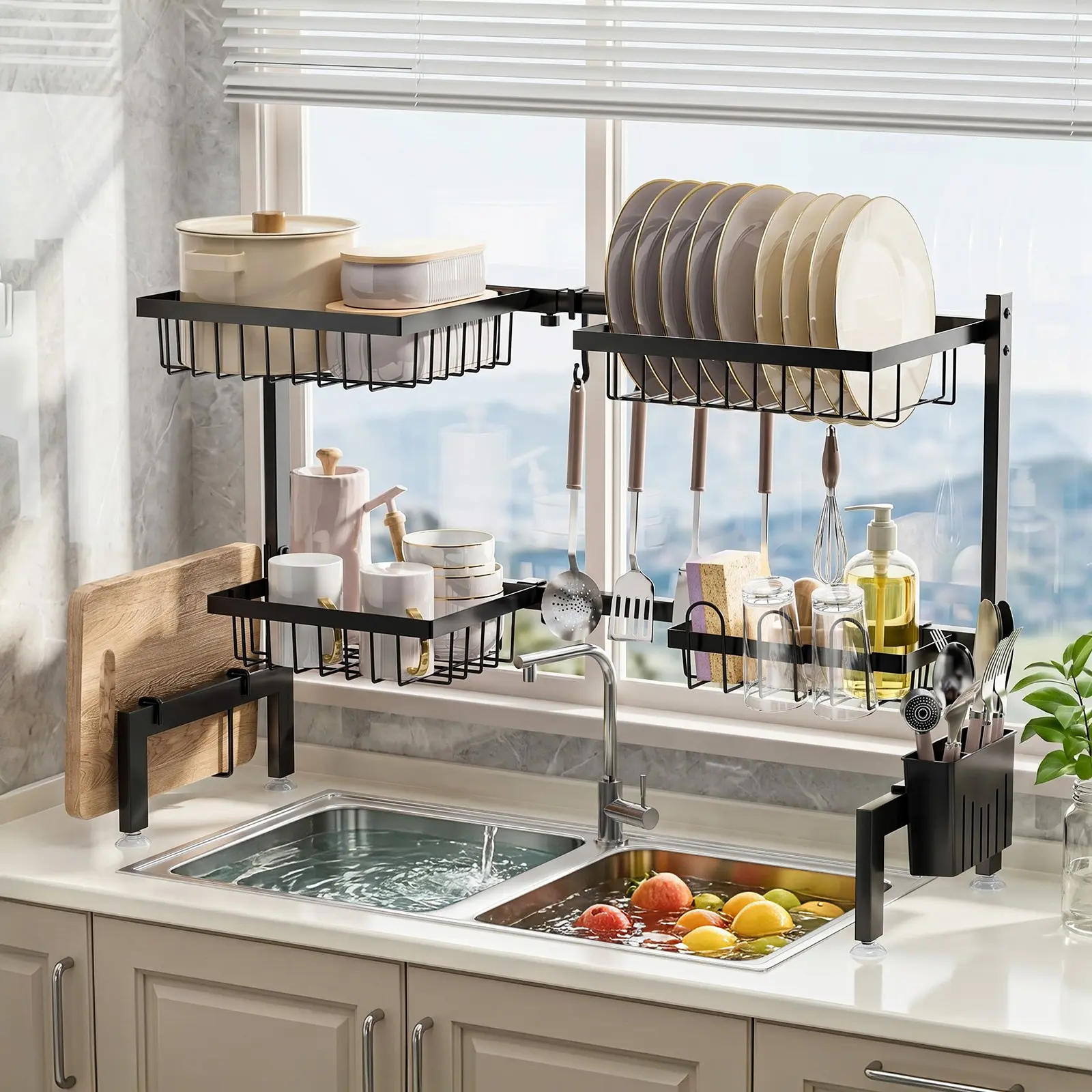 1 pc, double-tier sink drain rack,Kitchen dish rack,Large-Capacity Multifunctional Storage Rack,With suction cups and hooks,No drilling required, countertop cutlery holder,Sturdy, ideal for storing cups, forks, chopsticks, pots, kitchen cleaning supplies
