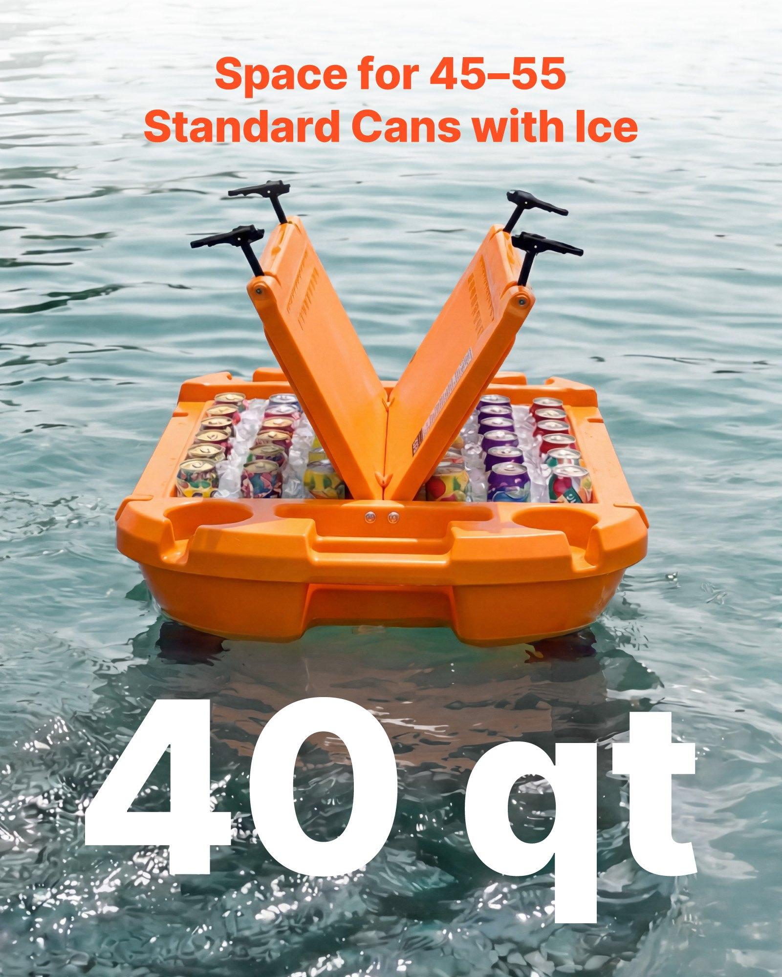 VEVOR Floating Cooler, 40 QT Floating Ice Chest with Dry Storage, Wheels & Tow Rope, Premium LLDPE Amphibious Drink Cooler for Water & Land, Cruise Stable on Lake, River, Pool, Beach, Kayak, Orange