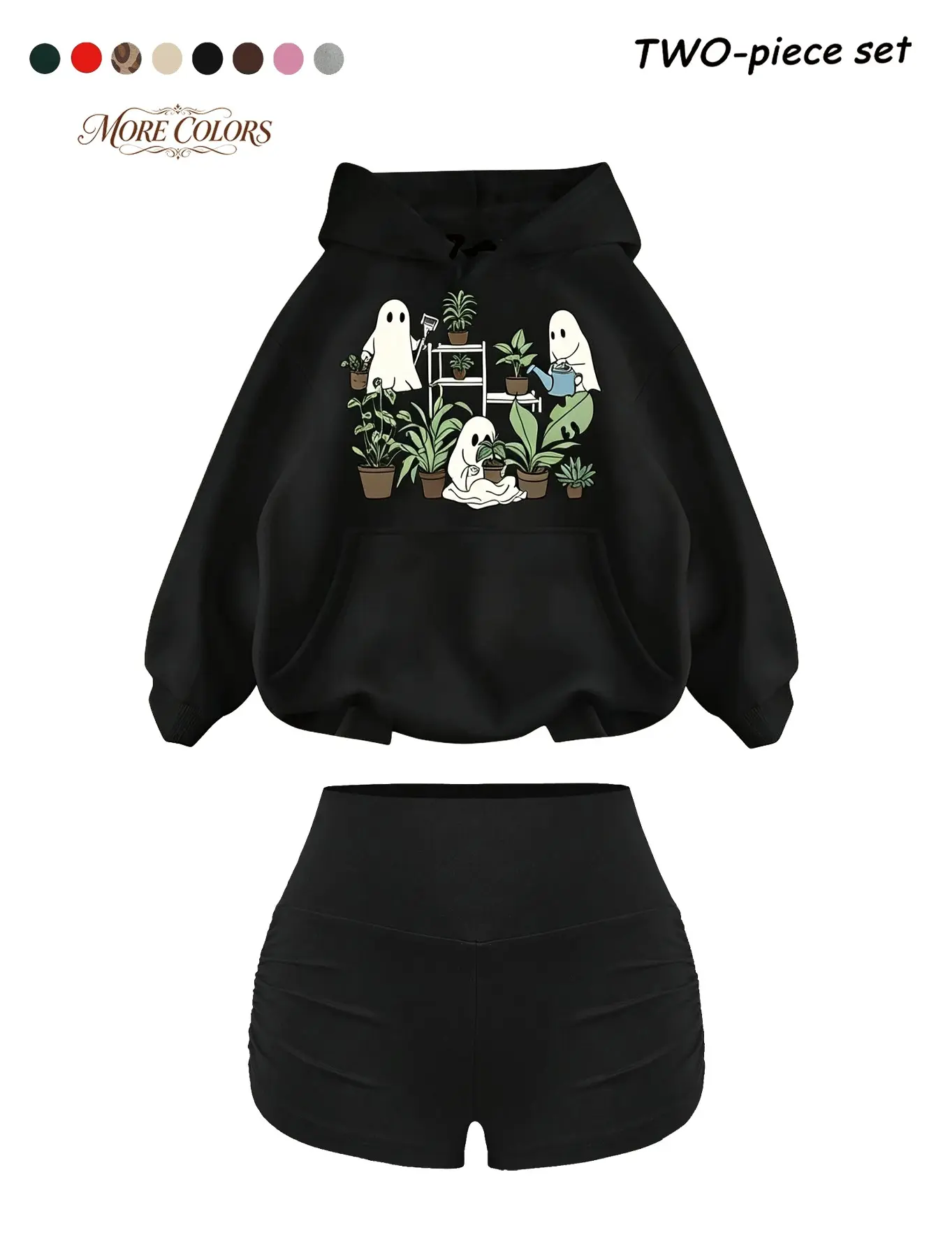 Women's Fall Winter Warm Hooded Drawstring Sweatshirt + Trendy Pocket Hoodie Set, Fun Plant Ghost Print, 2-Piece for Ladies