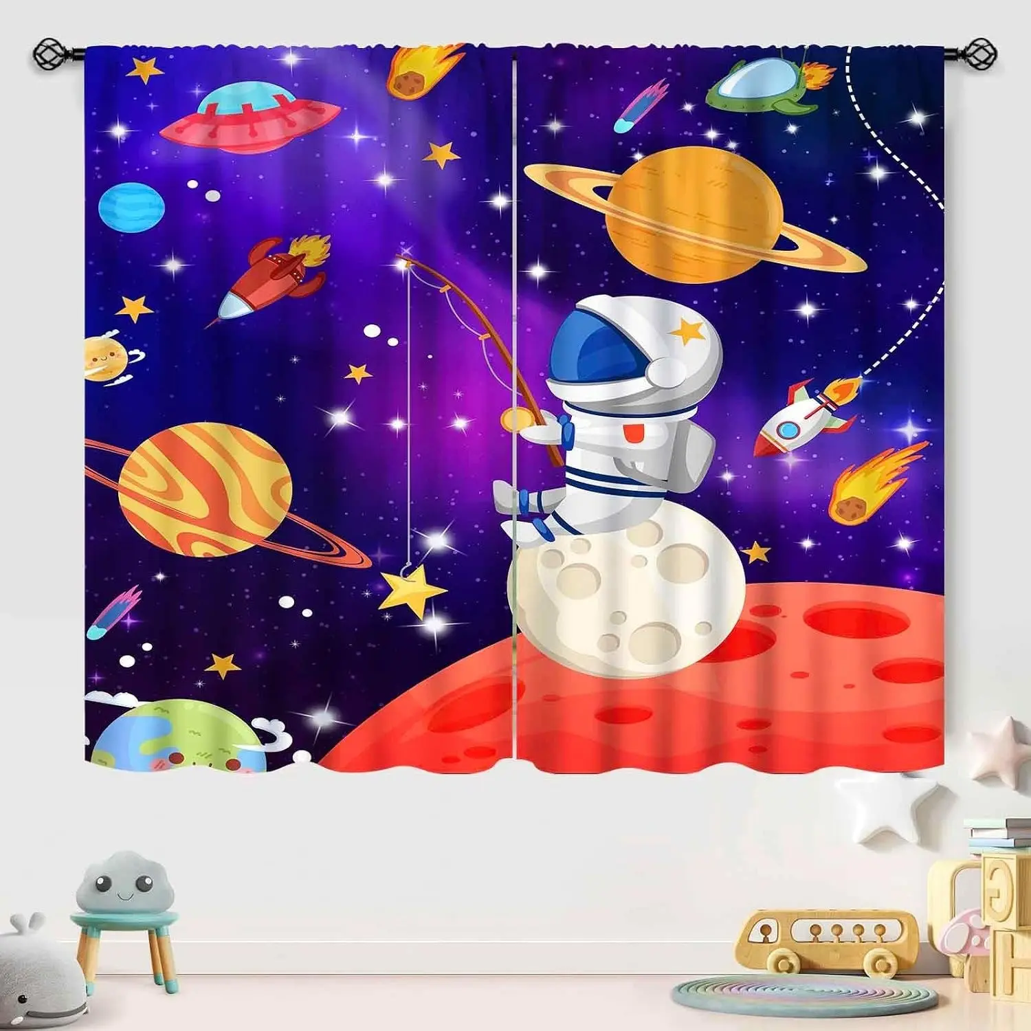 Cartoon Space Curtains, Outer Space Solar System Planet Curtains, Boy Astronaut Galaxy Curtains, Bedroom Nursery 2 Panels, Window Curtain, Room Decor Curtain