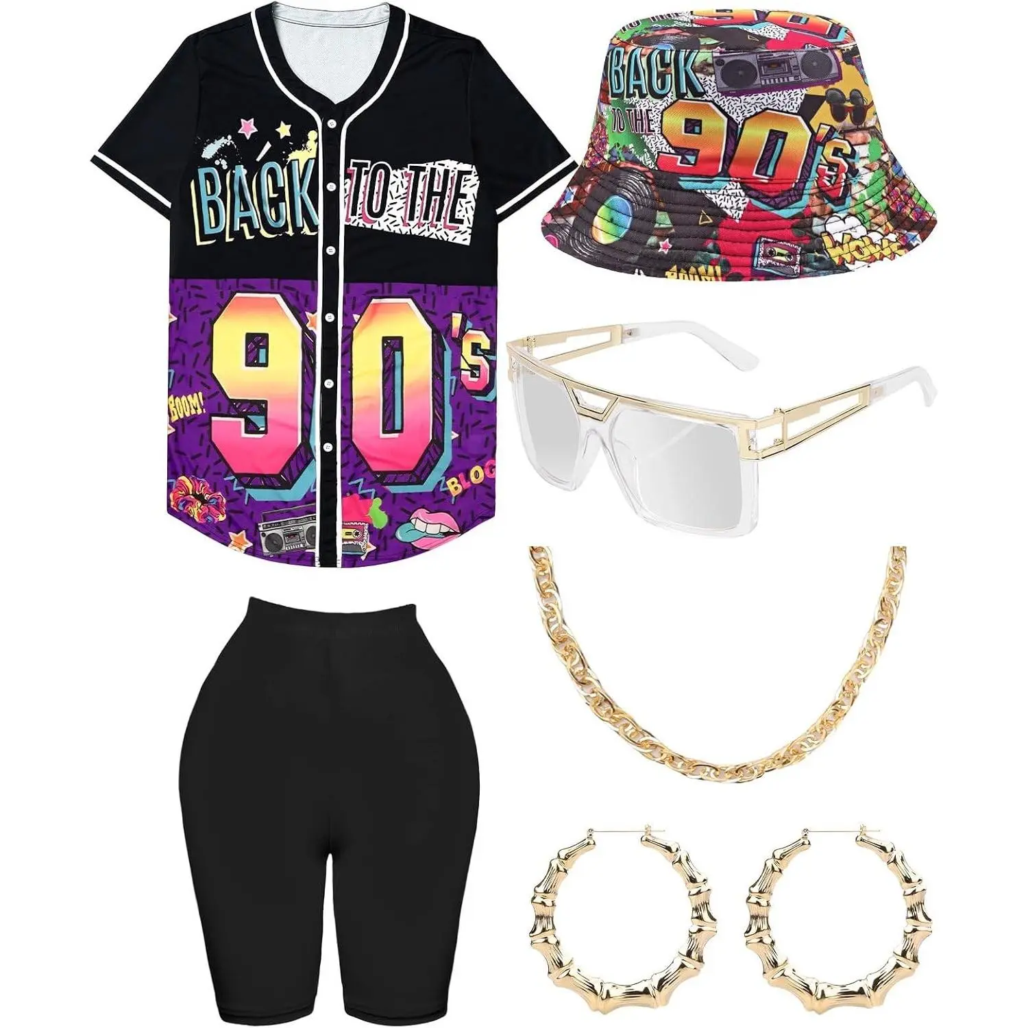 80s 90s Hip Hop Outfit for Women Unisex - Baseball Jersey Shirt, Yoga Pants, Bucket Hat, Gold Chain, Rapper Accessories(Gift)