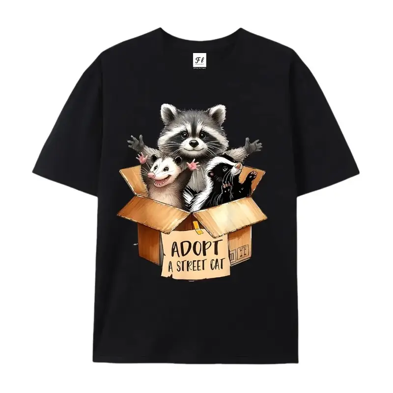 Men's Casual Cotton Short-Sleeve T-Shirt - Adopt a Street Cat, Cute Raccoon Skunk Box Cartoon Graphic, Animal Rescue Lovers, Breathable Fabric, Fashion Menswear Sports Top, Shortsleeve, Print