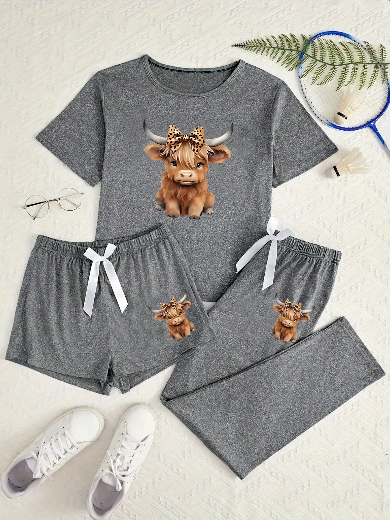 Women's Casual Pajama Set, Cartoon Print, Short Sleeve, Slim Fit, 3-Piece Set, All Seasons, Home Wear, Comfortable Sleepwear