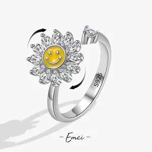 Anti-Anxiety Spinning Open Ring, Silver Plated Copper Enamel Smiley Face Cubic Zirconia Adjustable Decompression Ring, Stress Relief Fidget Jewelry for Daily Use
