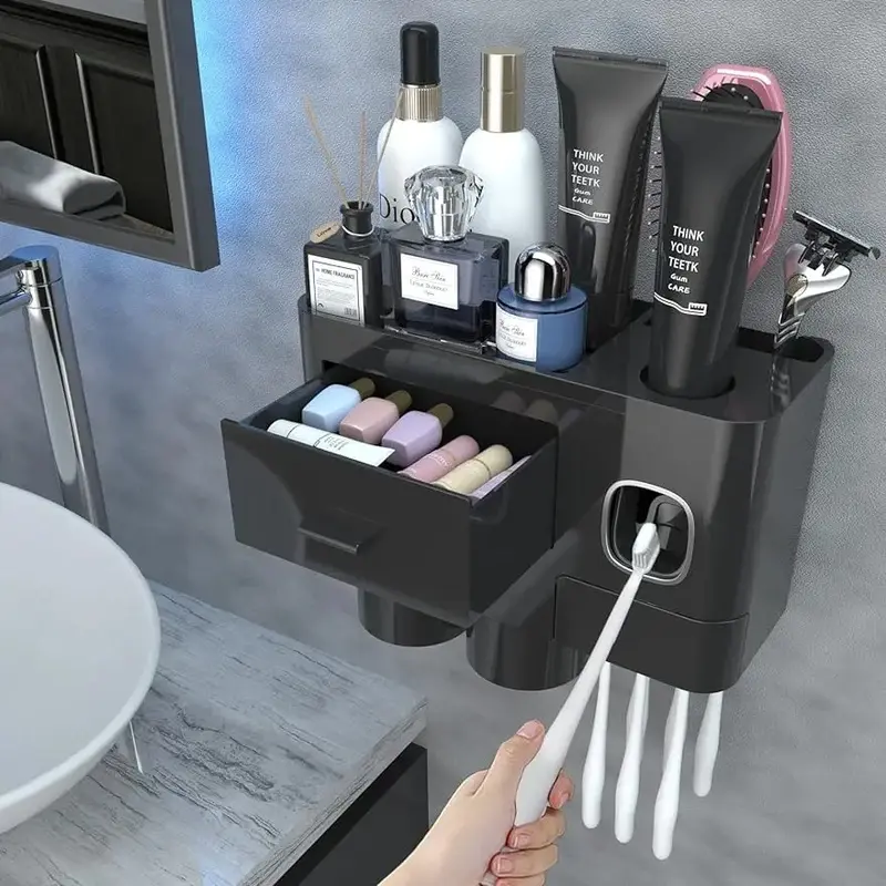 Bathroom toothbrush holder, 2 cup toothbrush holder, wall mounted toothpaste dispenser - large capacity tray, cosmetics drawer - toothbrush holder and bathroom accessories