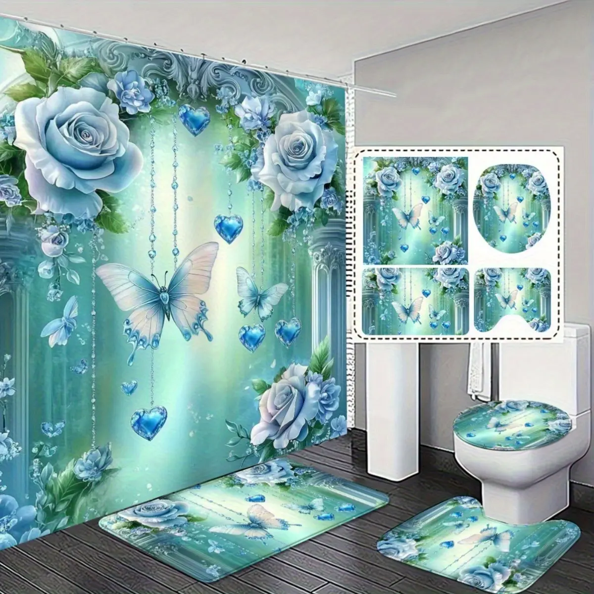 Bathroom Decor Set, Set of 4, Elegant Blue Rose Butterfly Shower Curtain Set with Non-Slip and Toilet Cover for Bathroom Decor and Home Decor, Spring/Summer