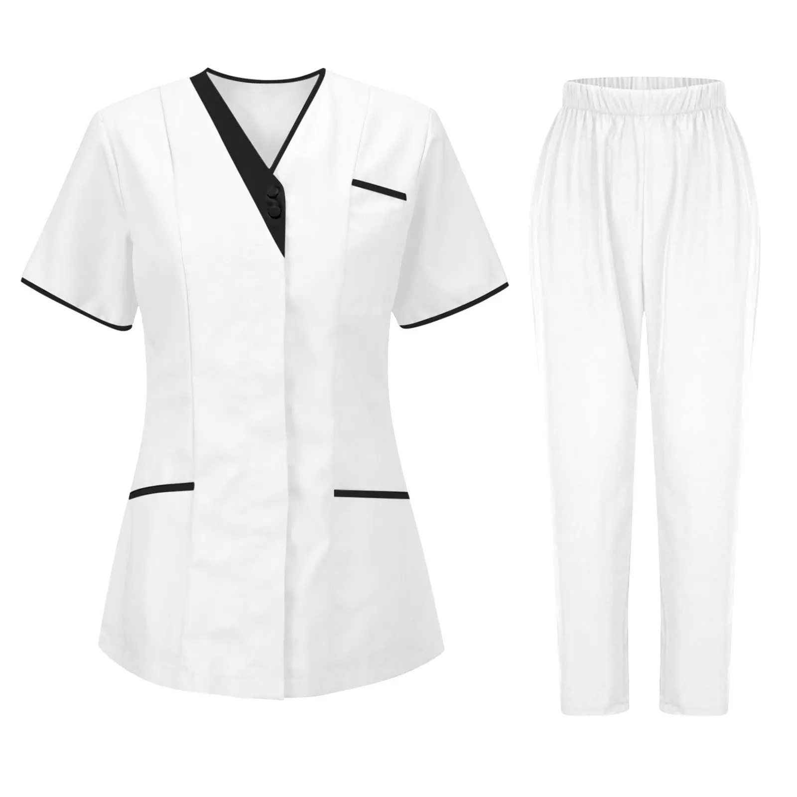 Lightweight Quick-Dry Women Work Outfit Set, European Style Women Work Uniform Set, V-Neck Short Sleeve Scrub Top & Pants, Durable Nurse Cleaning Beautician Uniform Casual Sports 2 Piece Set