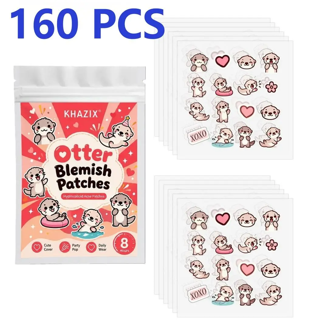 Cute Otter Hydrocolloid Acne Patches 160pcs, Overnight Pimple Absorbing Stickers, Reduce Redness, Gentle for Sensitive Skin, 8-Hour Day & Night Wear, Spot Stickers with Salicylic Acid, Tea Tree Oil