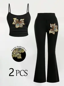 2 Piece Floral Sequin Embroidered Set, Slim Fit Crop Top & High Waist Pants, Y2K Style, Perfect for Parties & Daily Wear