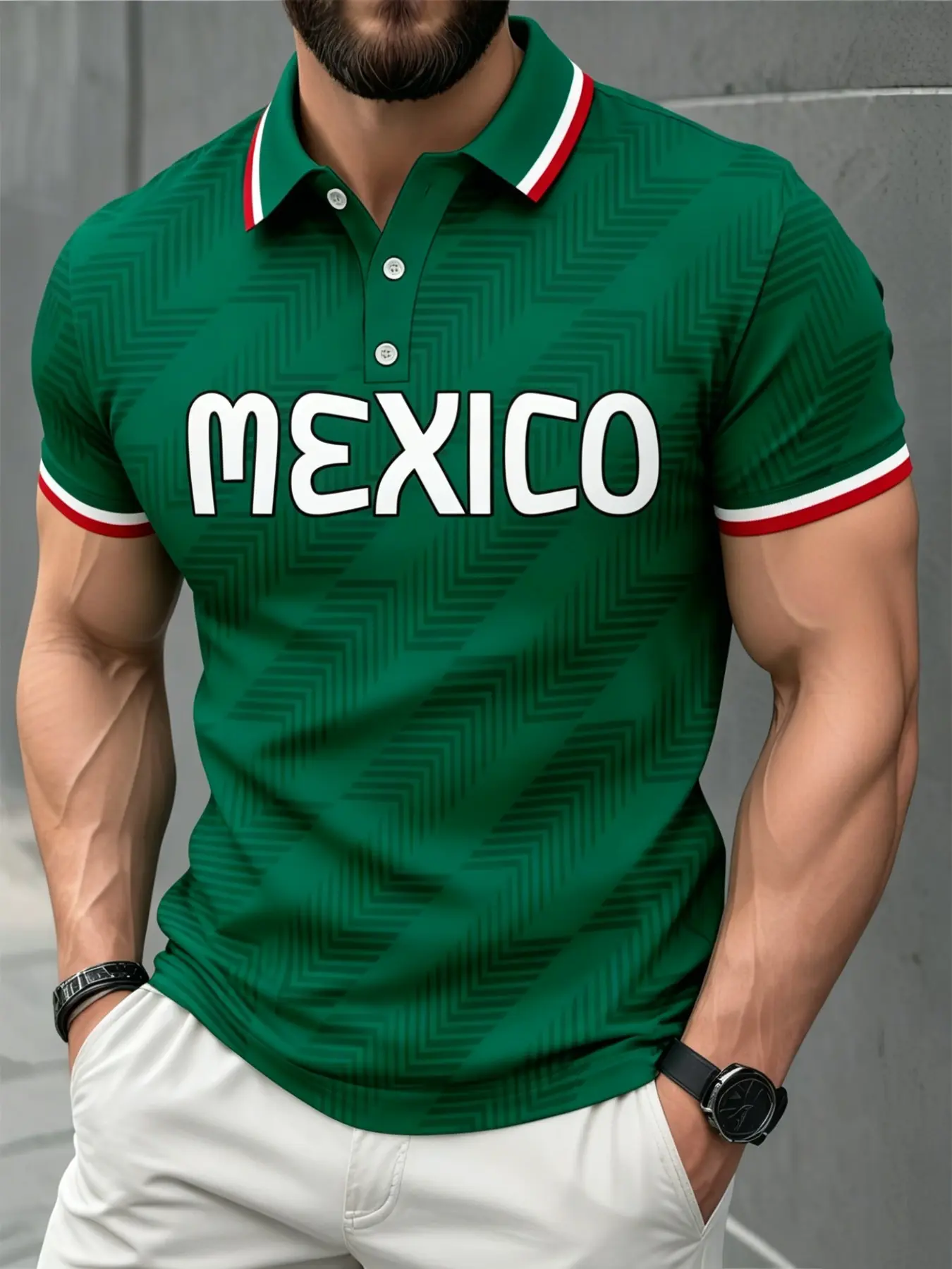 Men Short Sleeve Lapel Polo Shirt Chevron Texture Mexico Letter Print Contrast Striped Cuff Collar Slim Fit, Printed Polo, For Daily Travel Outdoor Holiday Weekend