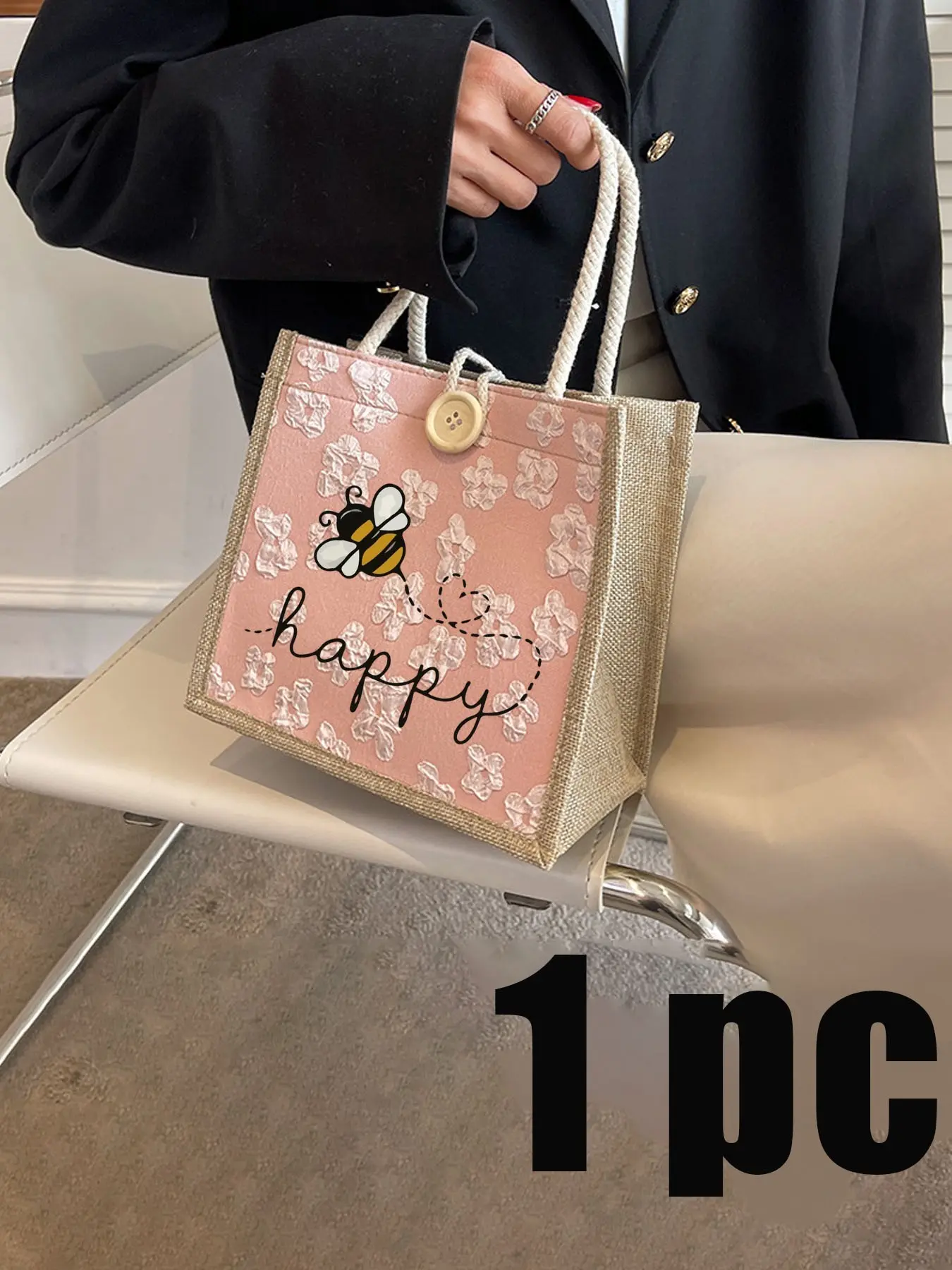 Cute Bee Print Handbag, Fashionable Women's Shoulder Bag, Button Decoration, Portable Daily Organizer, Teacher, Mom, Summer, Camping, Travel, Work, Student, Mother's Day Gift, Back-To-School Season