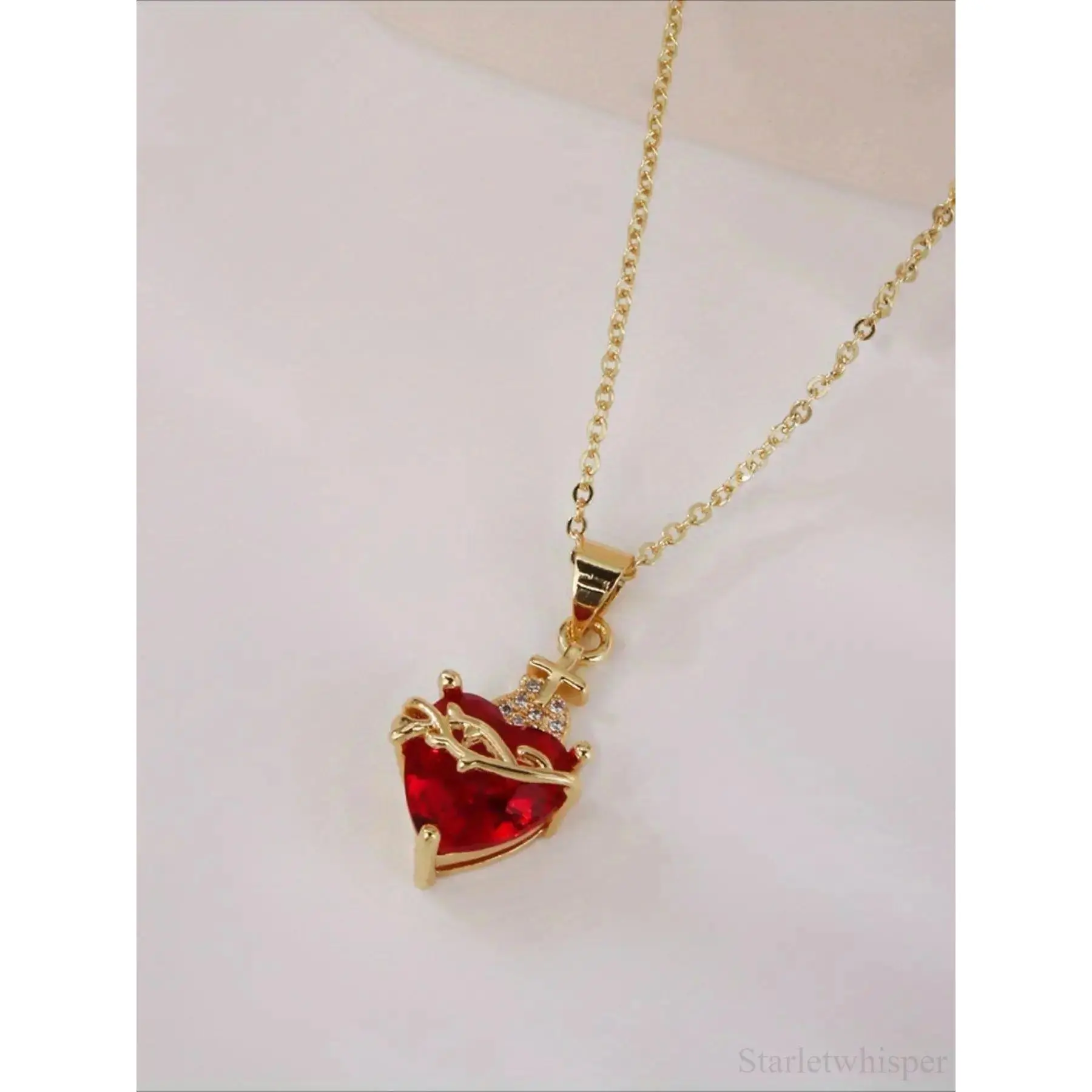Vintage Heart-Cross Pendant Necklace for Women, Dainty Copper Chain with Red Zircon, Meaningful Daily Wear & Valentine's Day Gift, Valentines Day, Meaningful Gifts, Heart Shape, Female, All Seasons Wear, Cross Accent, Romantic, Vibrant Red Zircon, Gemston