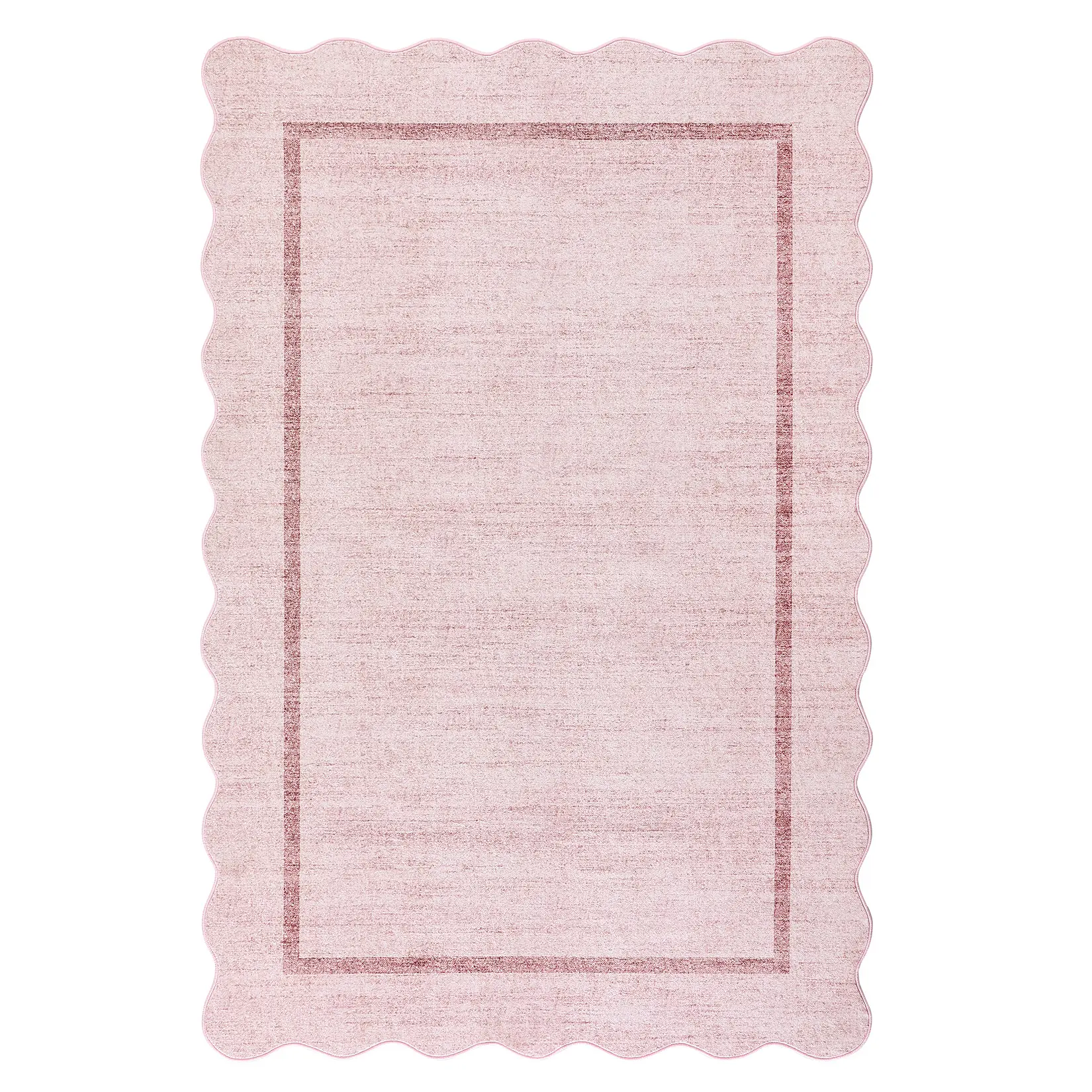 2x6 Pink Scalloped Edge Runner Rug, Modern Farmhouse Bordered Aesthetic Rugs for Kitchen/Bath Entryway Decor, Washable Non-Slip Faux Wool Carpet