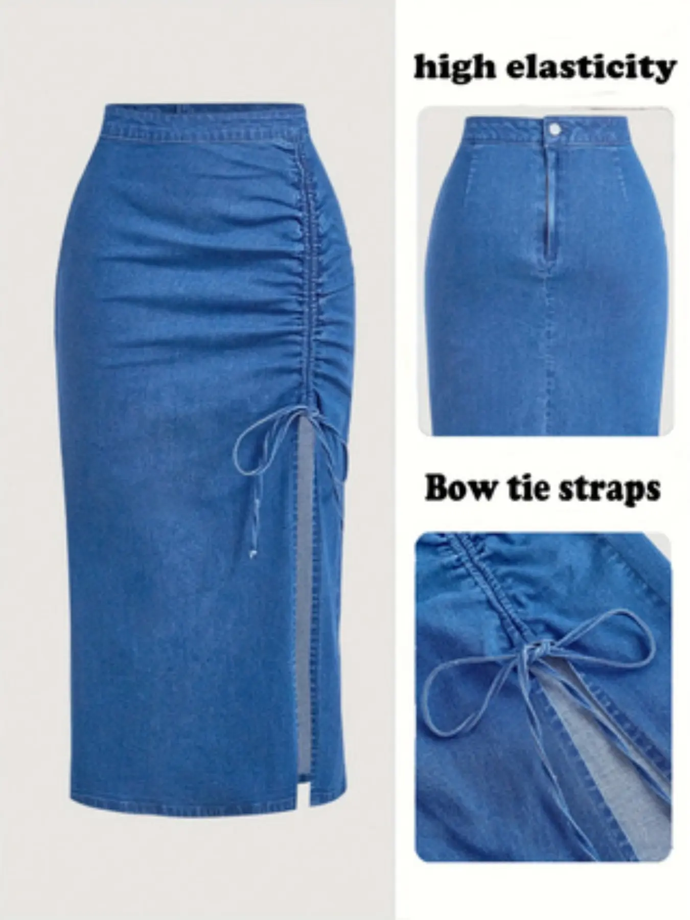 Elegant Chic Adjustable Drawstring Waist Denim Midi Skirt, Slim-Fitting Bodycon Style, Casual Solid Pattern, All-Season Wear, Unlined Plain Surface